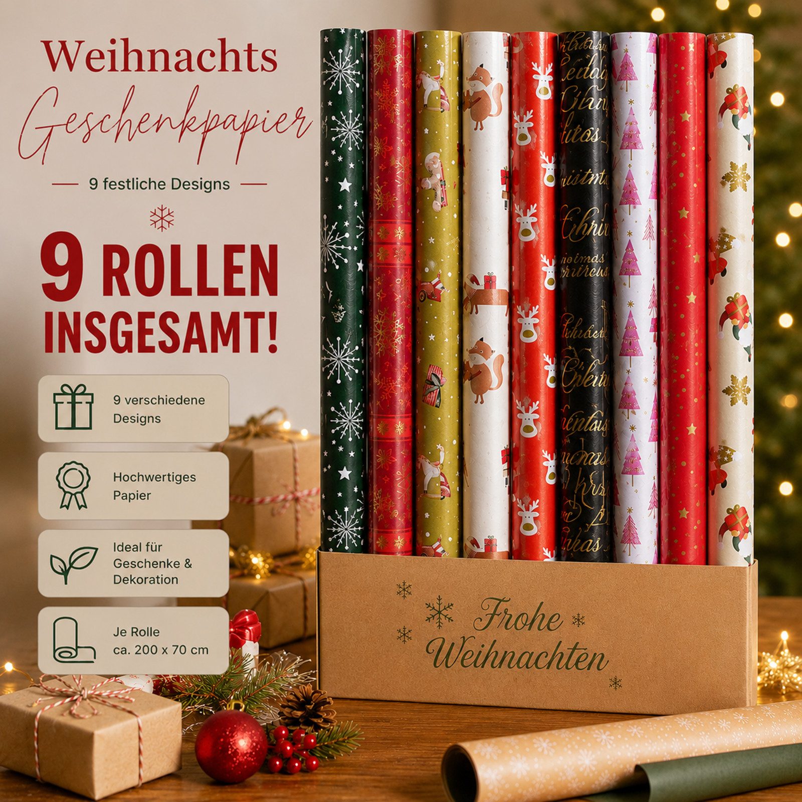 Osma Geschenkpapier 9 Rollen Weihnachten 200x70 cm Muster Mix, Weihnachten (9St)