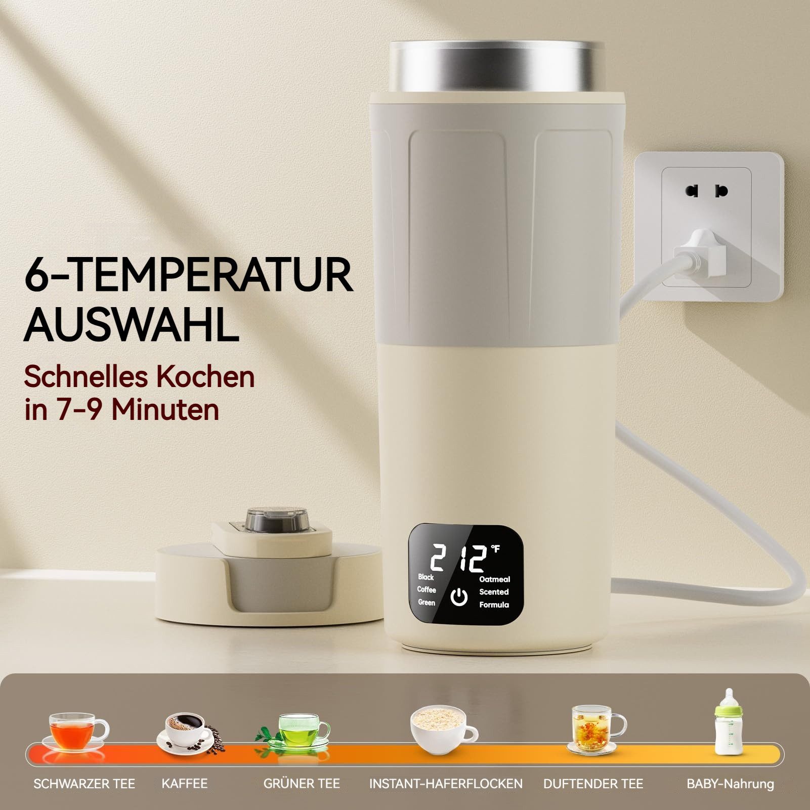 Tekoo Wasserkocher Tragbarer Reise-Wasserkocher 316 Edelstahl 550ml, 360 W, Tragbar für Reisen, Warmhaltefunktion über Powerbank