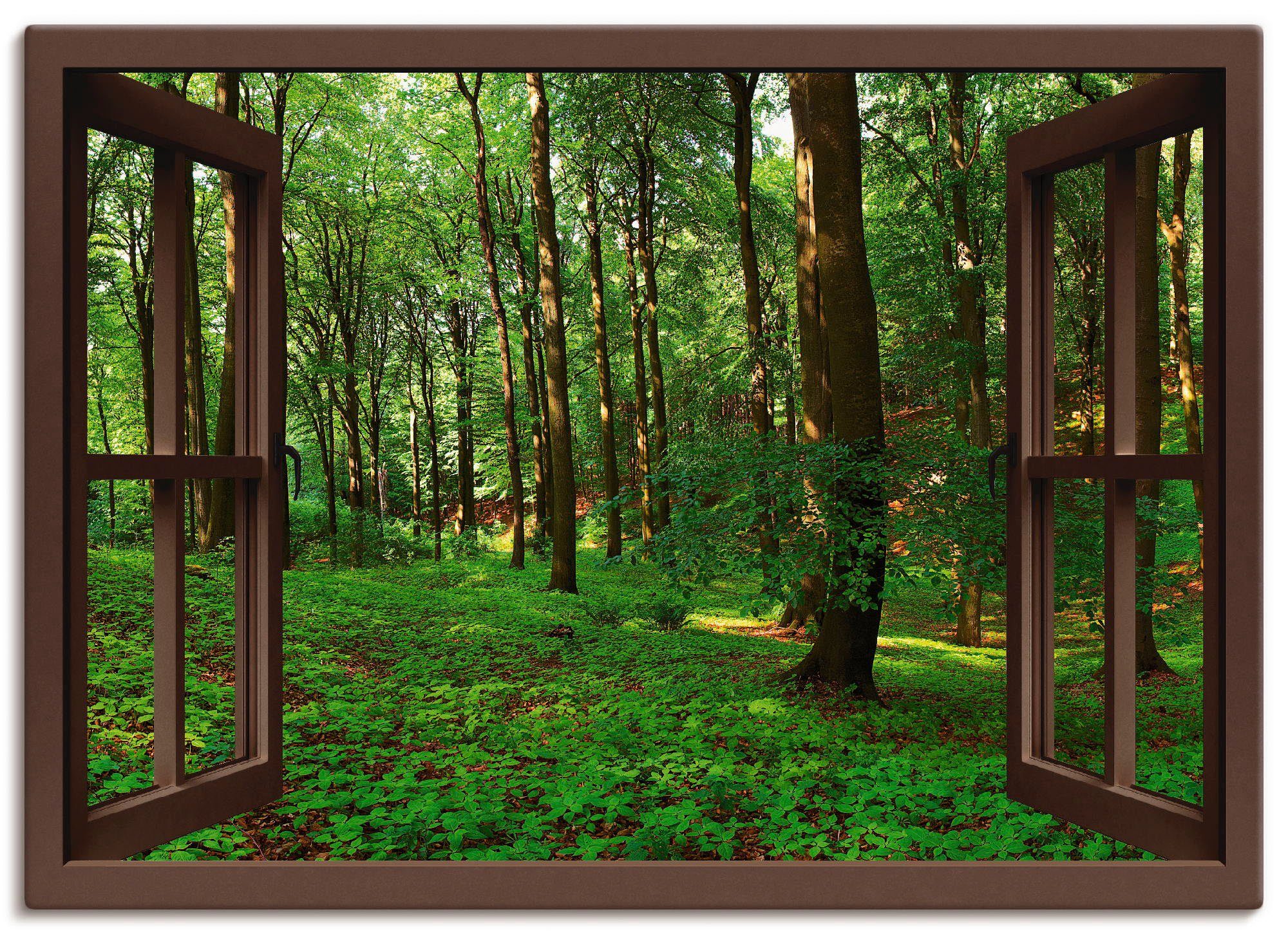 Artland Wandbild Fensterblick Panorama grüner Sommerwald, Fensterblick (1 St), als Leinwandbild, Wandaufkleber oder Poster in versch. Größen