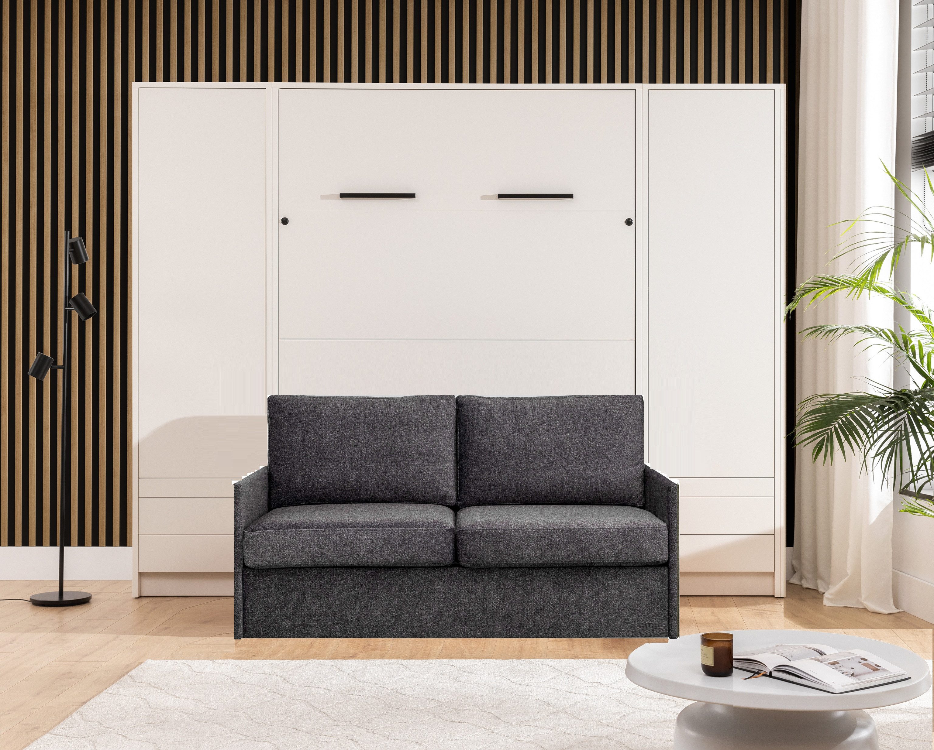 QMM TraumMöbel Schrankbett Wandbett GN 140x200 weiß mit LED, 2 Schränken und Sofa (Set, 4-St., Schrankbett mit Sofa und 2 Schränken) vertikal klappbar, mit LED-Beleuchtung mit Fernbedienung