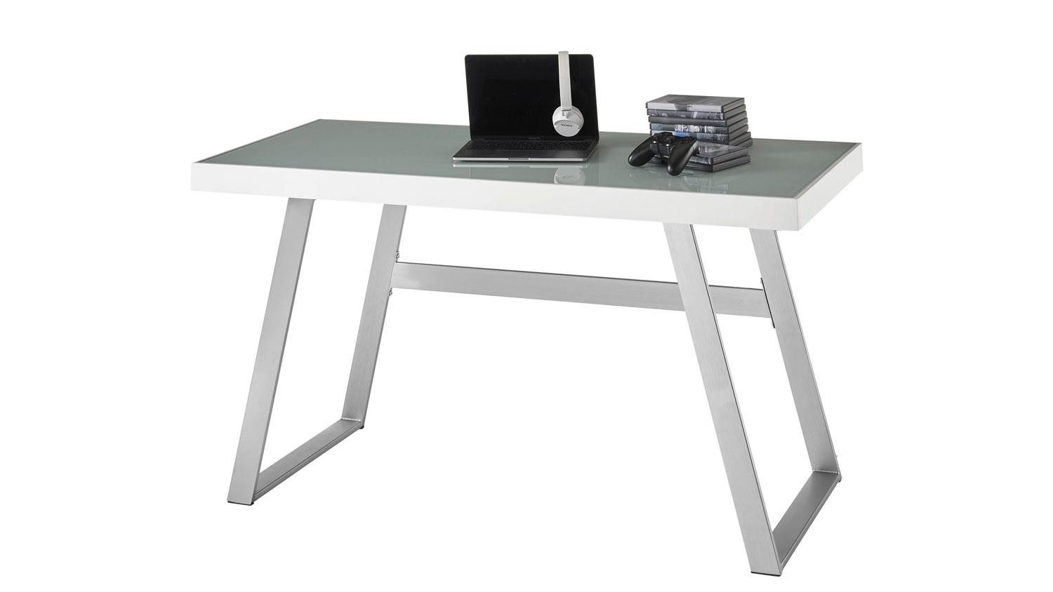MCA living Schreibtisch Schreibtisch Tifilis Glasplatte weiß RGB LED Gestell edelstahoptik