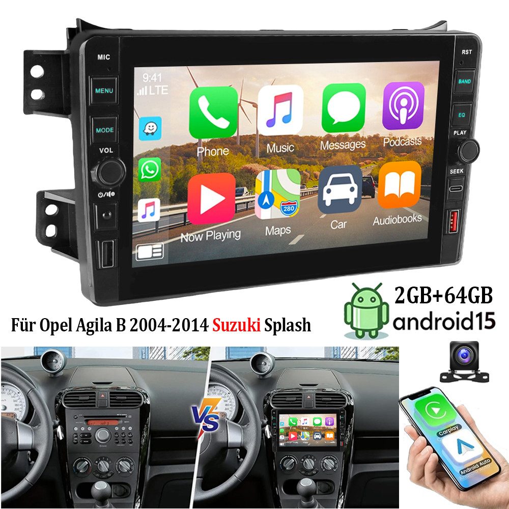 ESSGOO Für Opel Agila B 04-14 Suzuki Splash Autoradio Android 15 Autoradio (RDS, 4+64GB(optional), Digitalradio (DAB), FM, BT 4.1, SWC, Carplay Android Auto Bluetooth EQ USB GPS Navi WIFI Touchscreen)