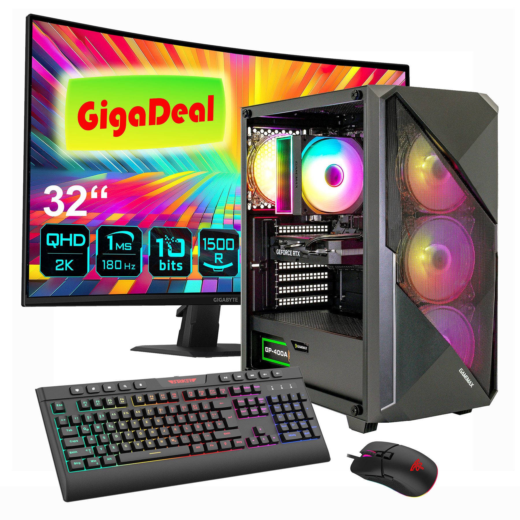 GAMEMAX GigaDeal Striker 2769 AMD Ryzen 5 7500F 32GB DDR5 1TB SSD RTX 5060Ti Gaming-PC-Komplettsystem (32", AMD Ryzen 5 7500F, RTX 5060 Ti, 32 GB RAM, 1000 GB SSD, Windows 11, DDR5 RAM + Gigabyte GS32QCA LED-Monitor Curved)