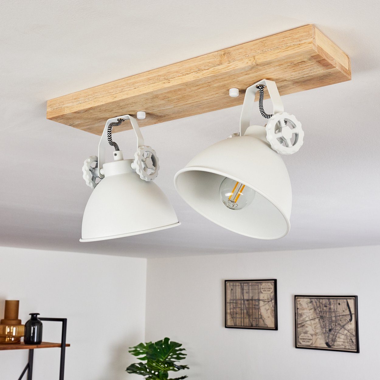 mit Metall/Holz Leuchtmittel, in Deckenleuchte Deckenlampe aus Design Weiß/Natur, hofstein Strahlern, verstellbaren 2xE14, Retro/Vinatge ohne »Mot«