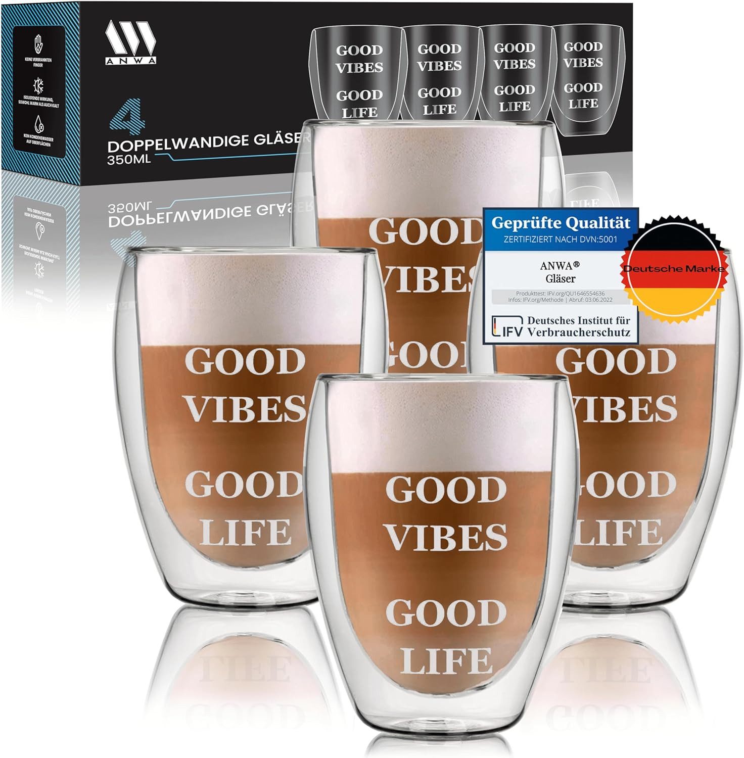 ANWA Thermoglas 4x Doppelwandige Gläser mit Aufdruck Thermogläser 350ml Kaffee Tee, Glas, doppelwandig
