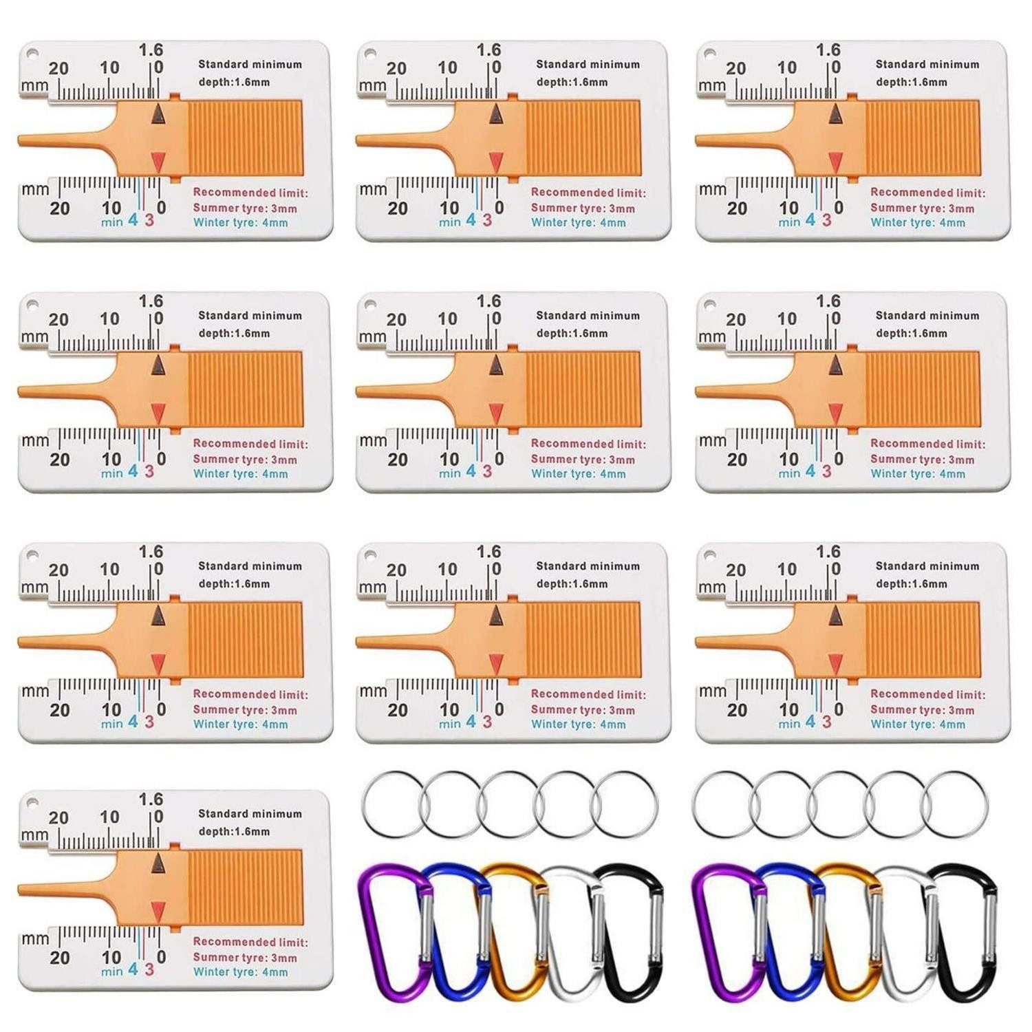 LuxusKollektion Messschieber Reifenprofiltiefenmesser 10er Set 0-20 mm Kunststoff mit Karabiner