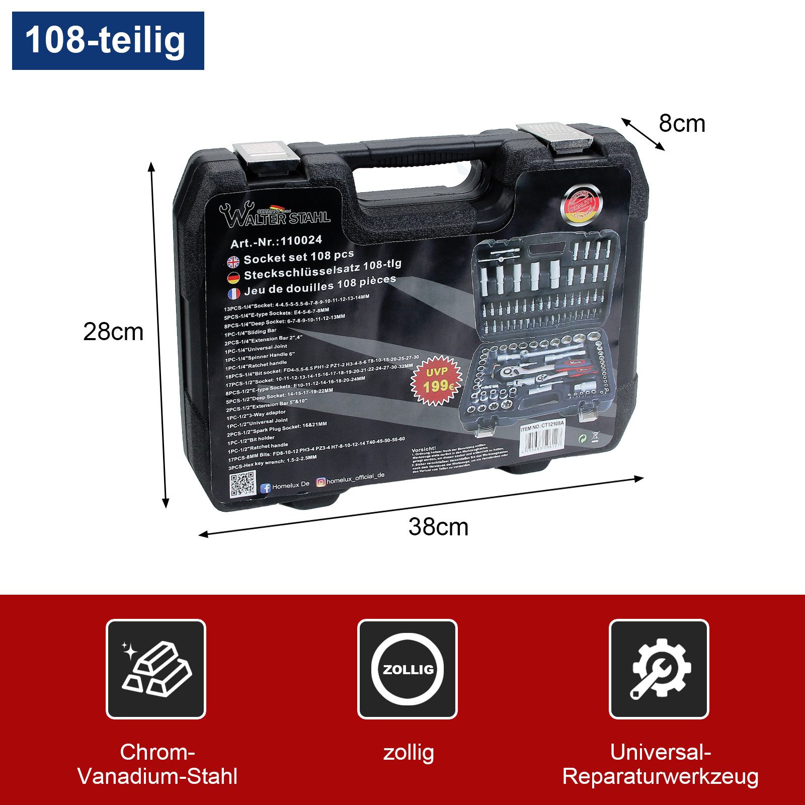 Walter Stahl Germany control Steckschlüssel 108/172/215-tlg Ratschenkasten, 1/4″+3/8″+1/2″ Steckschlüssel-Satz (Packung, 108 St., 108/172/215-tlg), Cr-V Ratschenschlüssel Set