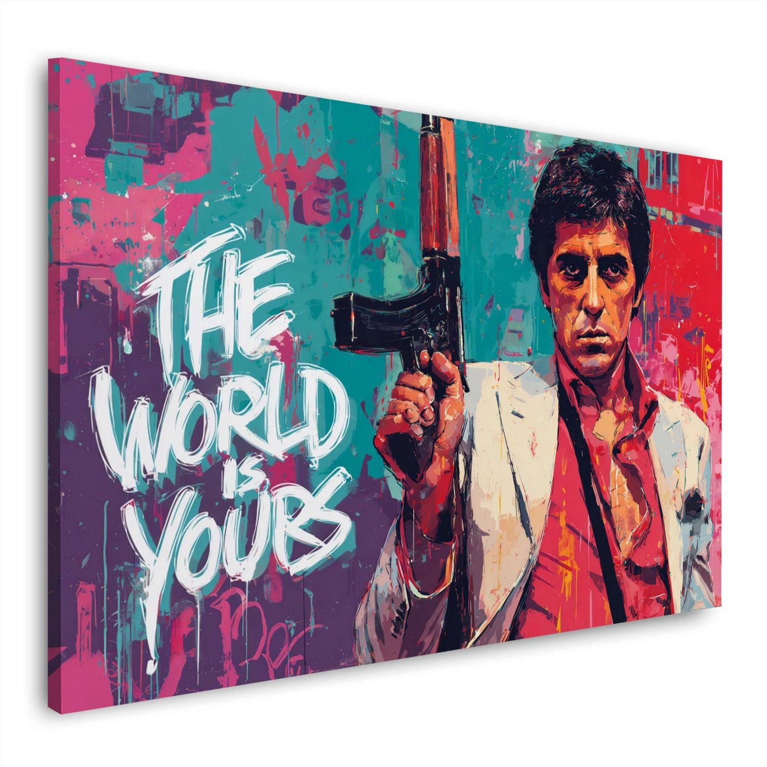 Artedinoi Leinwandbild Pop Art Scarface mit Waffe The World Wandbild Leinwandbild Kunstdruck