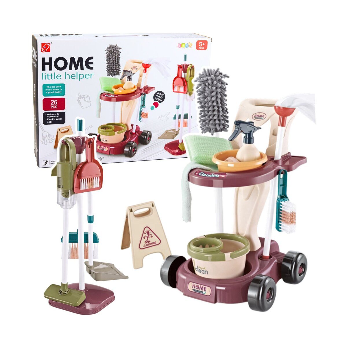 Wisam Lernspielzeug Kinder-Reinigungsset, Wagen, Wischmopp, Eimer, Staubsauger