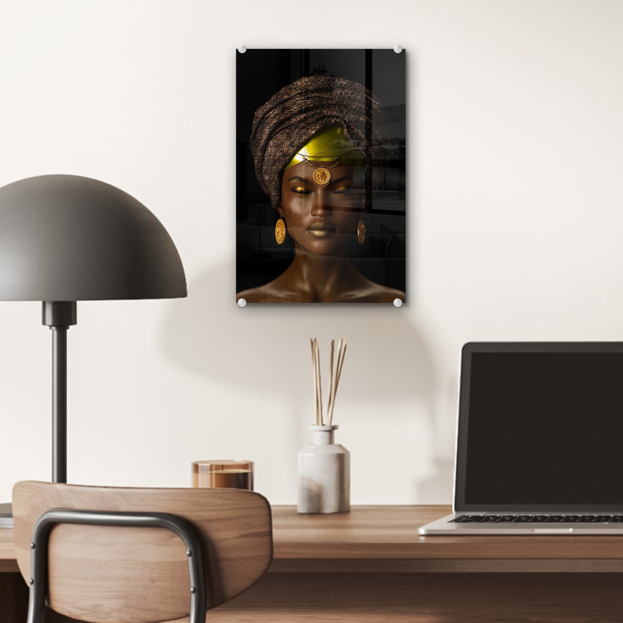 MuchoWow Acrylglasbild Frau - Bilder Foto gelb, - Glas - Glasbilder auf Kopftuch St), (1 - auf Wanddekoration Wandbild Glas 