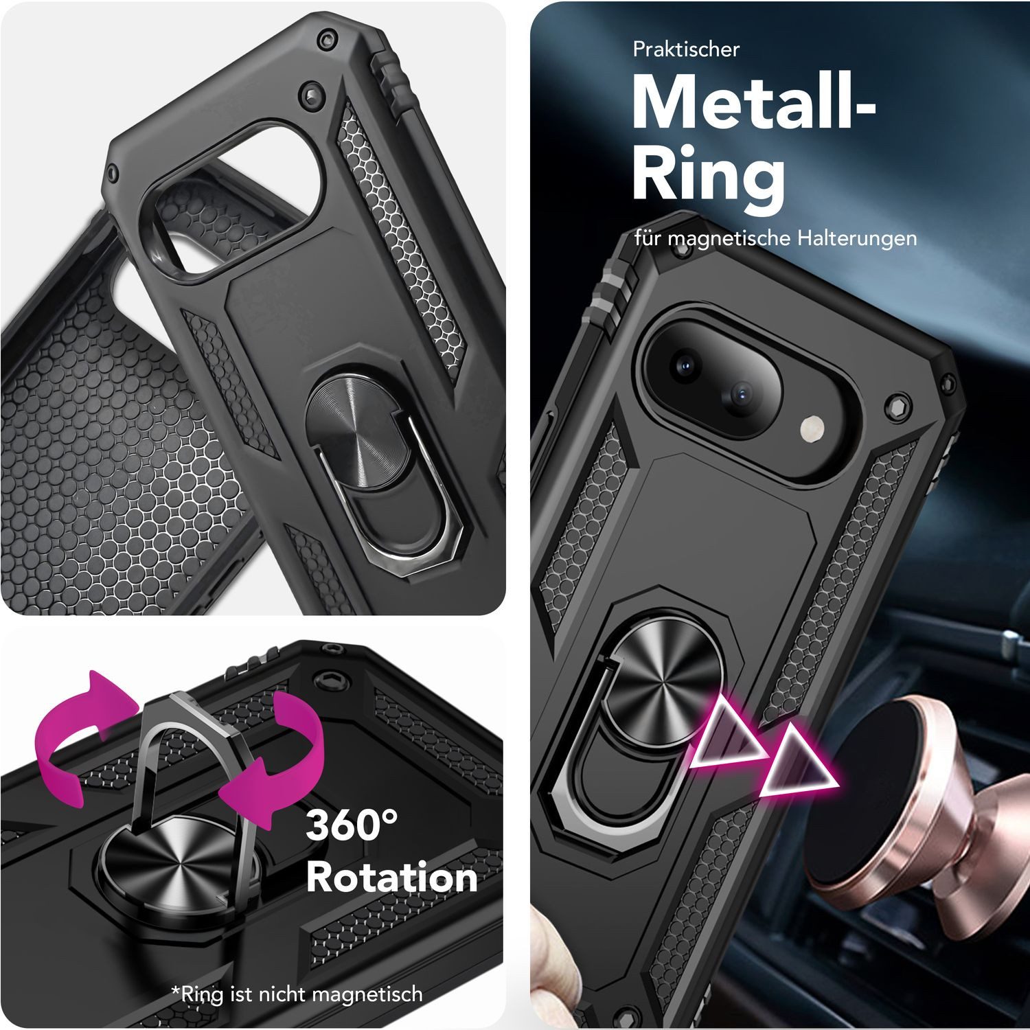 Nalia Smartphone-Hülle Google Pixel 9a, Military Panzerhülle / Stoßabsorbierend / 360° Ring / Standfunktion