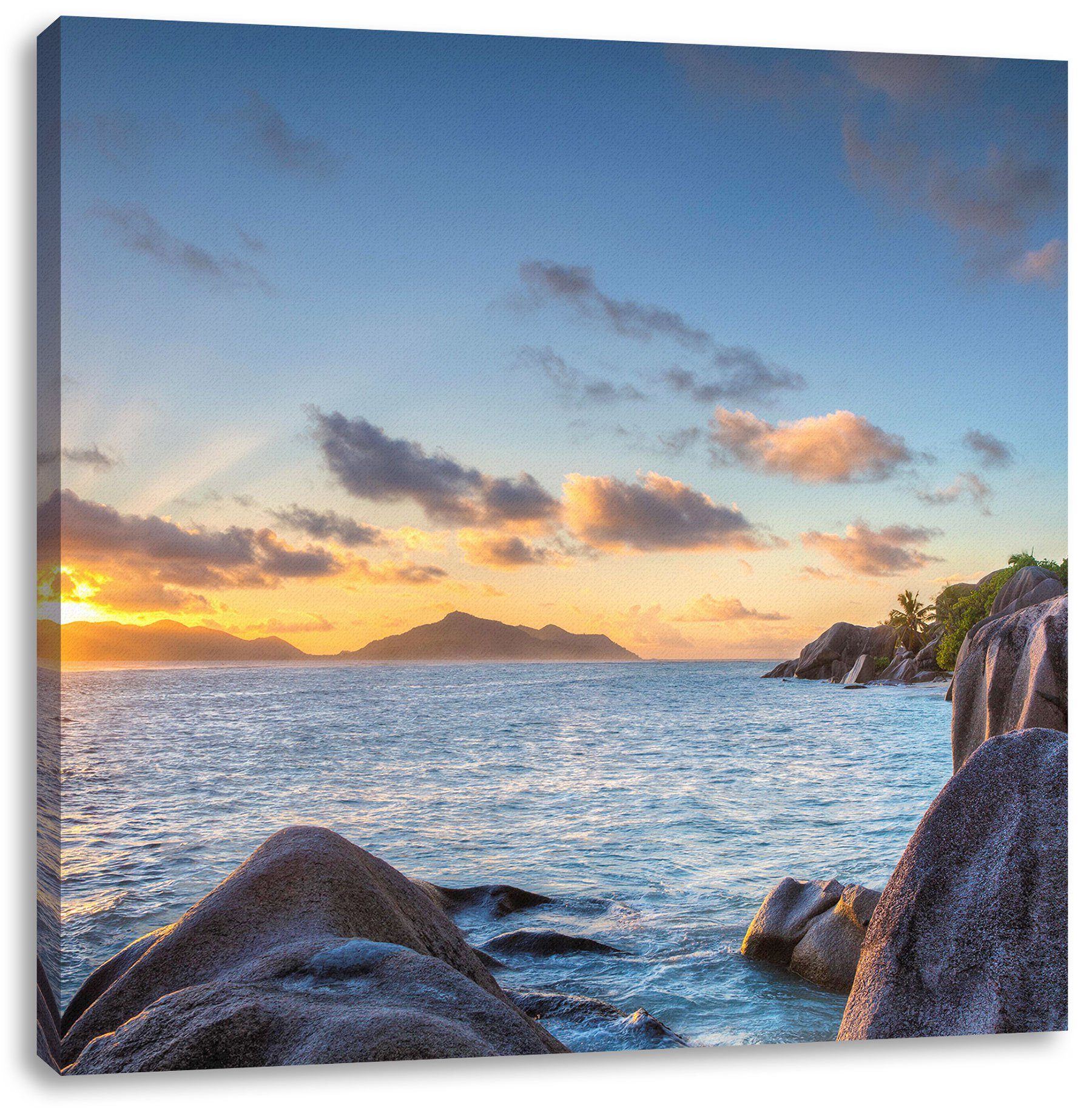 Leinwandbild Sonnenuntergang Sonnenuntergang fertig Pixxprint Seychellen bespannt, Leinwandbild Seychellen, (1 St), Zackenaufhänger inkl.