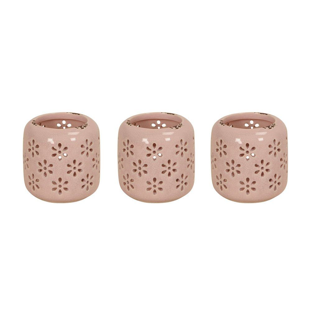 Windlicht 3tlg. Windlicht RETRO FLOWER rosa aus Steinzeug H9,5cm mit Blumen Loch