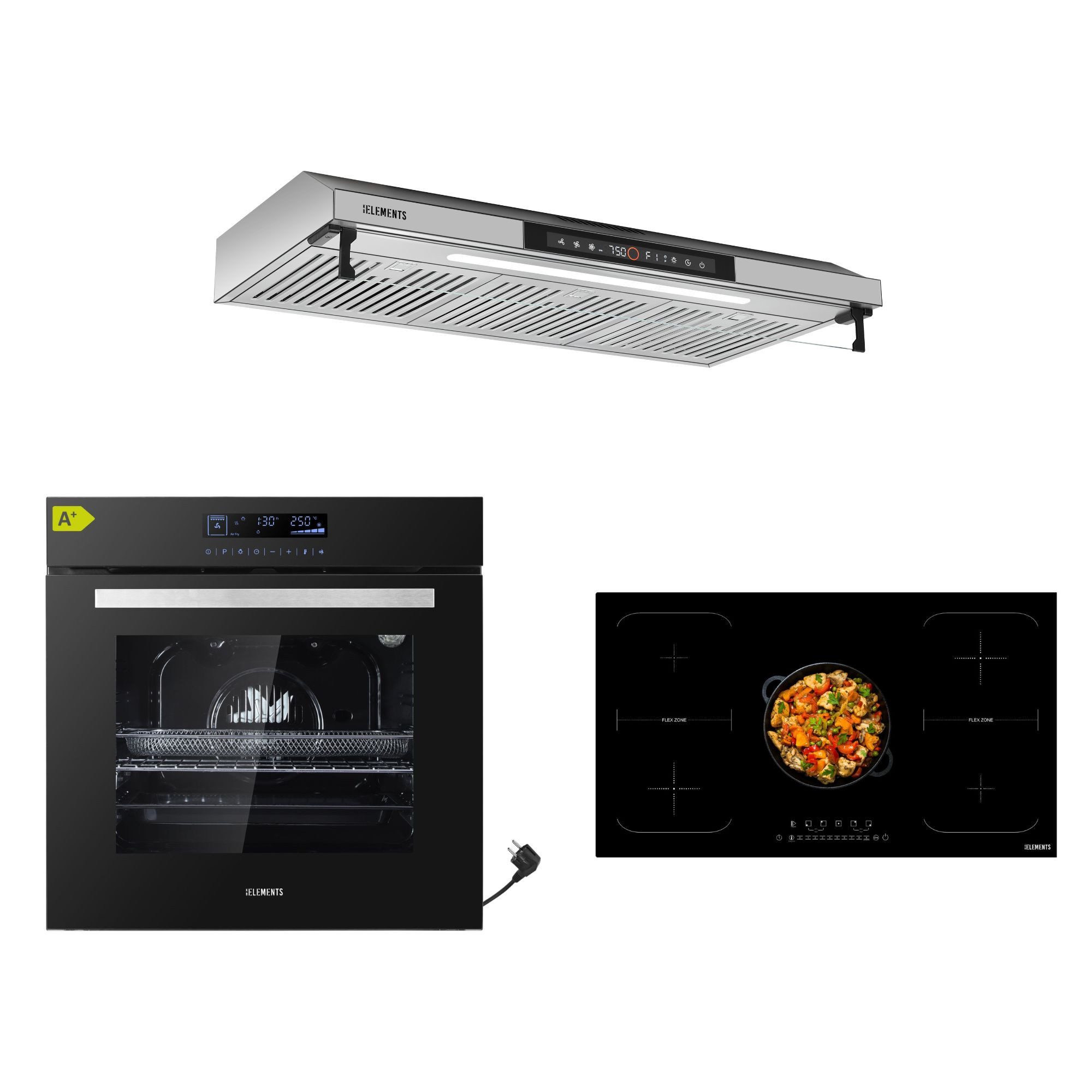 KB Elements Induktions Herd-Set KBE Einbaubackofen 60 cm mit 5-Zonen Induktionskochfeld 90cm, mit 2-fach-Teleskopauszug, Einbaubackofen Full Touch mit 15 Funktionen, doppelte Flexzone