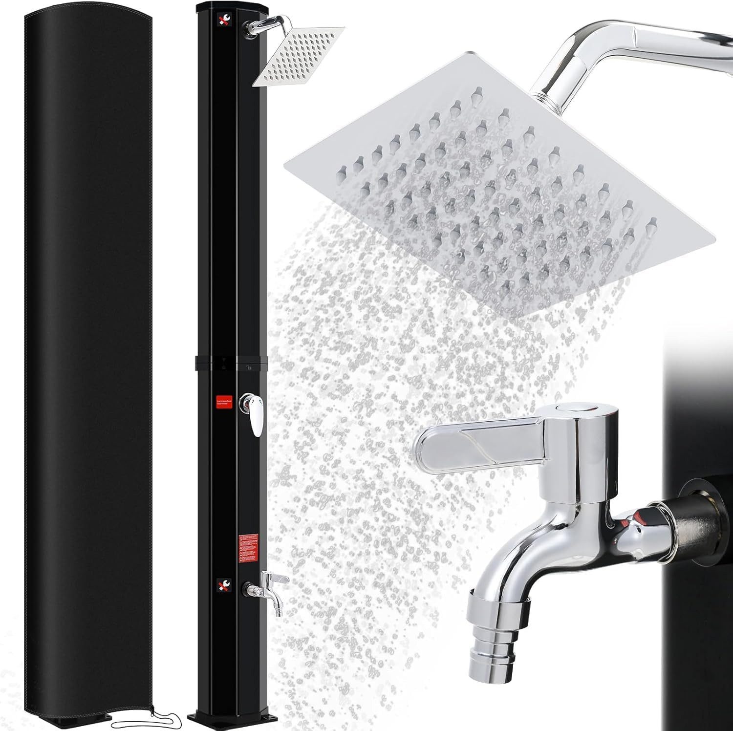 TLGREEN Solardusche Gartendusche ohne Strom mit 360° Oberkopf-Duschkopf & 210D Schutzhülle (60L Pooldusche Campingdusche bis 60°C warmes Wasser, mit unabhängigem Wasserhahn & Gartenschlauch-Anschluss), (ohne Handbrause)