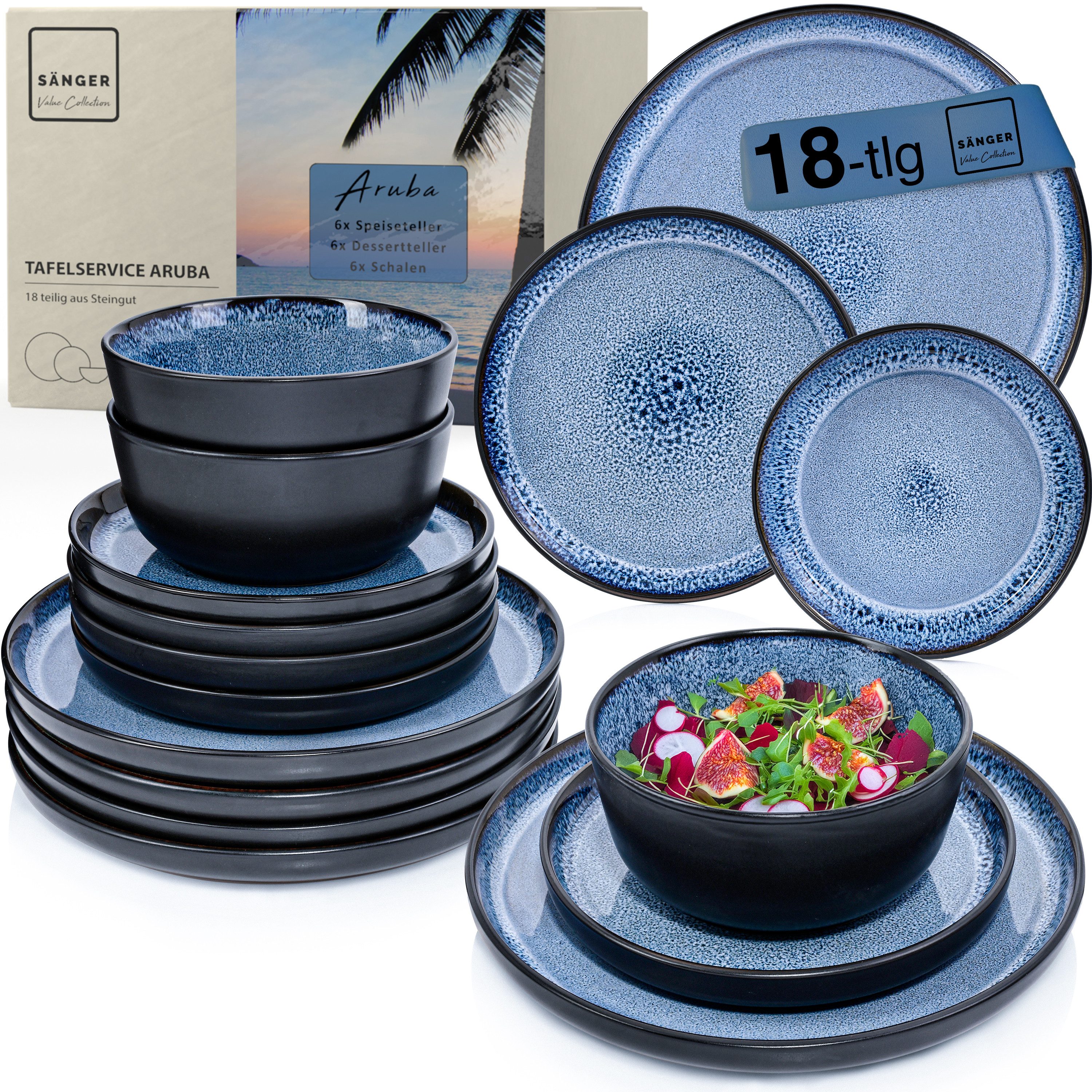 SÄNGER Tafelservice Aruba Geschirrset (18-tlg), 6 Personen, Steingut, blau mit schwarzem Rand, Handmade, Erweiterbar, VALUE COLLECTION