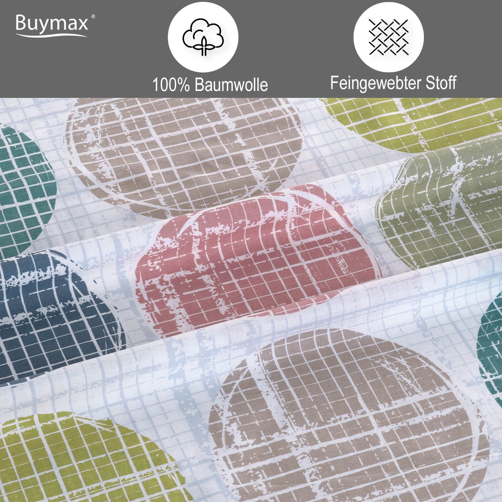 Buymax Bettwäsche Sueno, Renforce: 100% Baumwolle, 3 teilig, 200x220 cm, Bettbezug-Set, mit Reißverschluss, Weiß Bunt