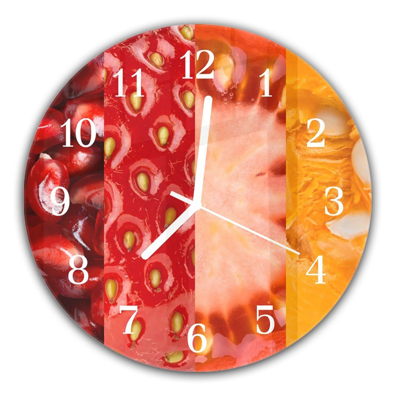 Primedeco Wanduhr Wanduhr aus Glas mit Motiv Verschiedene Früchte - Rund mit Durchmesser 30 cm und Quarzuhrwerk | Wanduhren