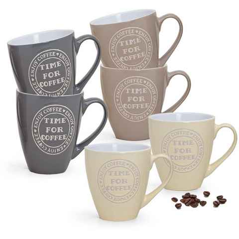 matches21 HOME & HOBBY Tasse Grosse Kaffeetassen 6er Set einfarbig mit Spruch Coffee Time, Keramik, Tee Kaffee-Becher, modern, grau beige cremefarben, 400 ml