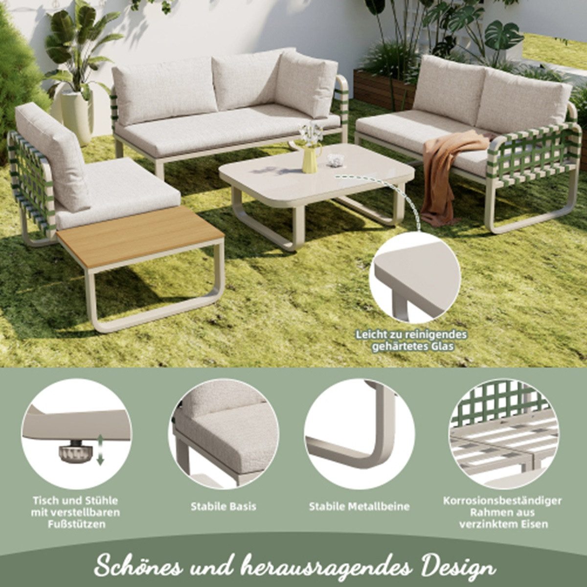 Welikera Gartenlounge-Set Outdoor Sofa Set inkl. aller Sitz & Rückenkissen (4-5 Sitzer), Balkonset, Garten und Terrasse, Aprikose