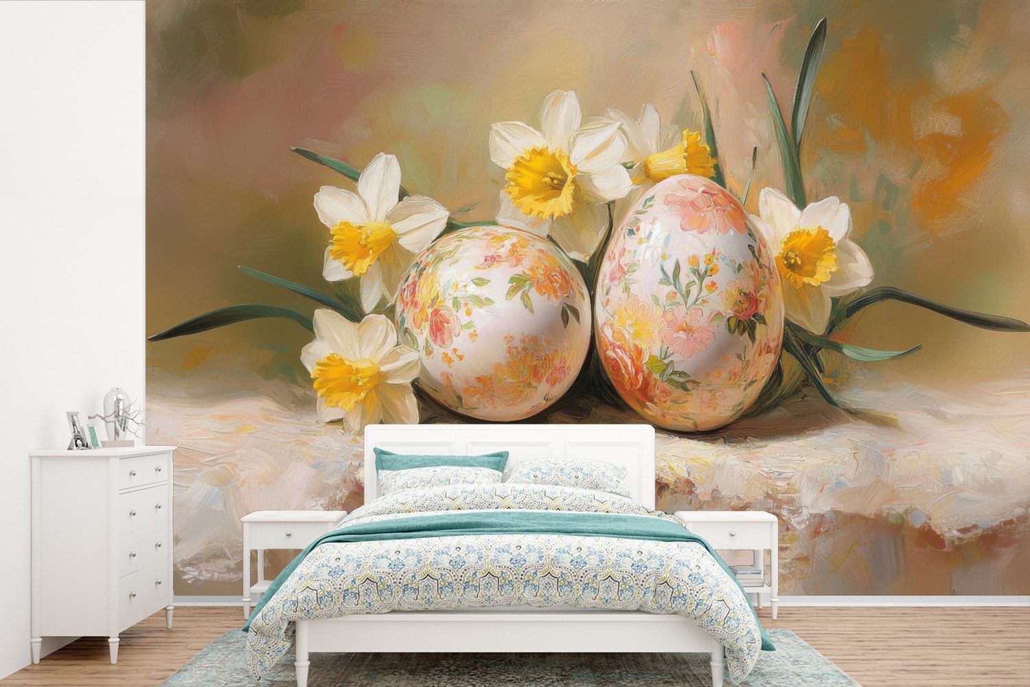 MuchoWow Fototapete Blumen - Eier - Bemalt, Matt, bedruckt, Wallpaper für Wohnzimmer, Schlafzimmer, Vinyl Tapete, 330x220 cm