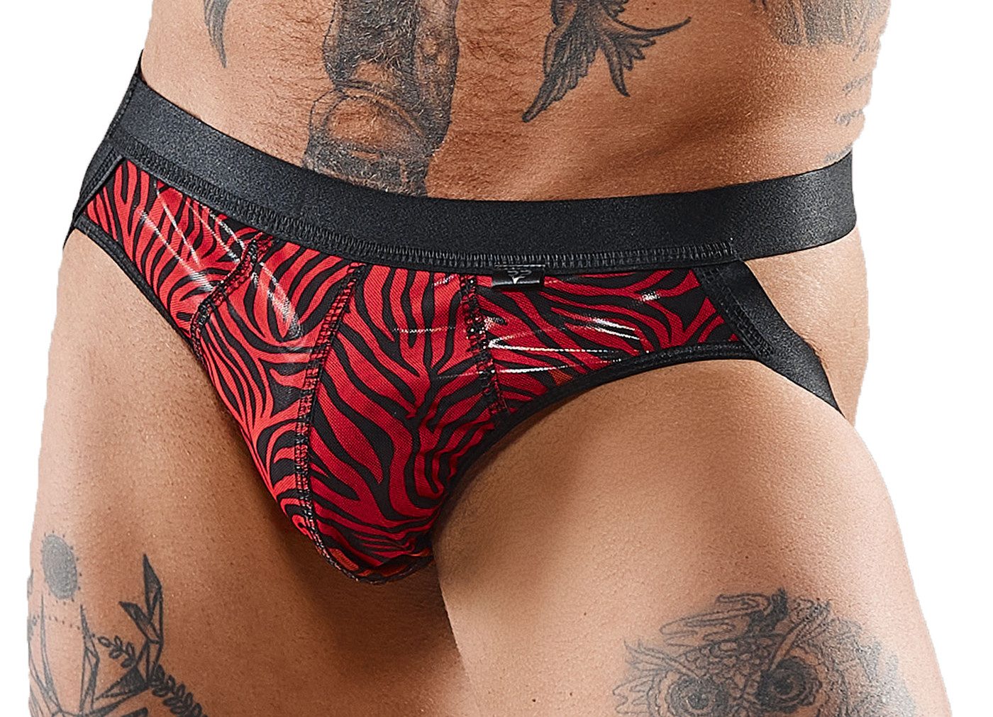 Slip Herren Jock Strap schwarz/rot aus Lack-Material und feinem Netz