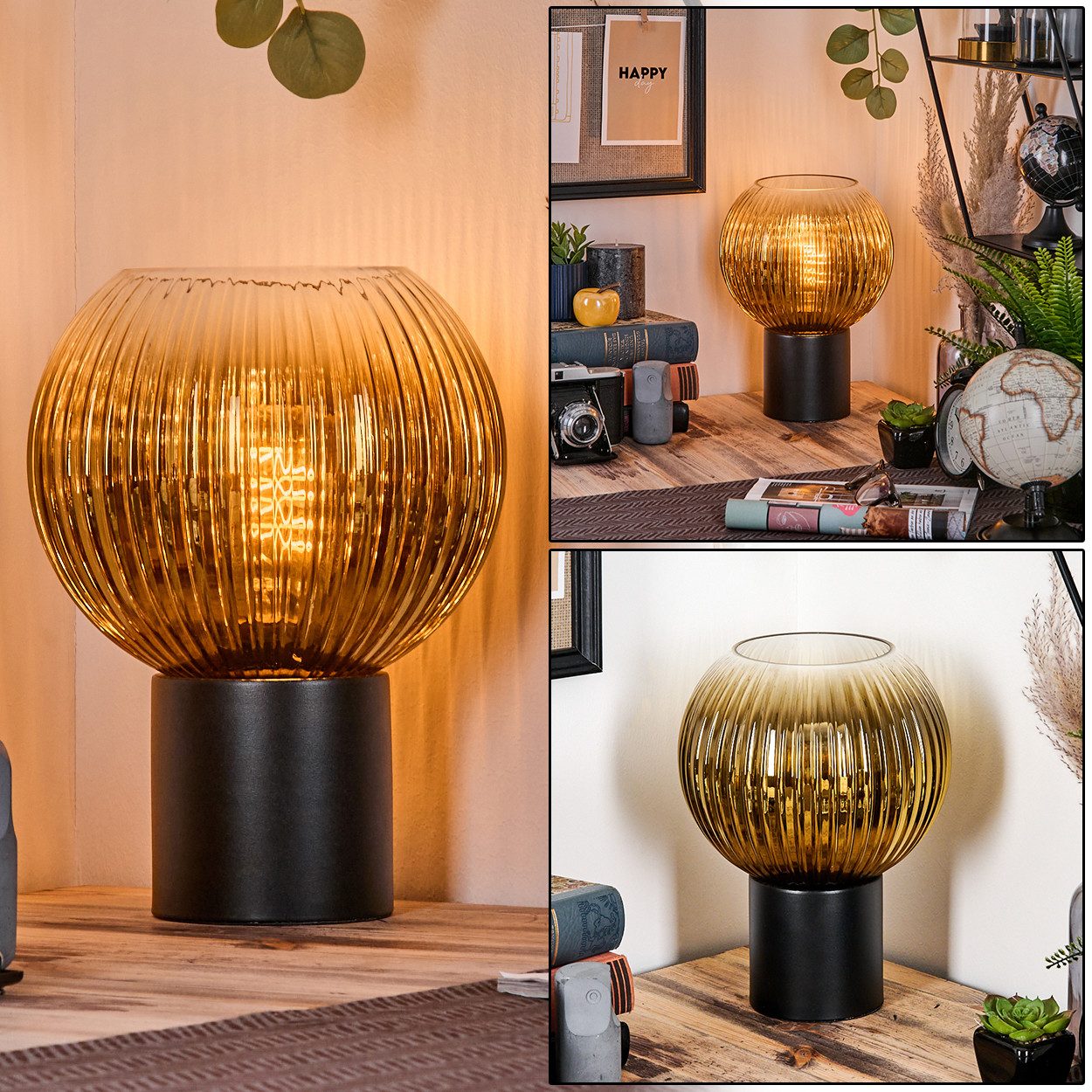 hofstein Tischleuchte Tischlampe aus Metall/Riffelglas in Schwarz/Goldfarben/Klar, ohne Leuchtmittel, Leuchte im Retro/Vintage-Design mit Glasschirm (20 cm), 1 x E27