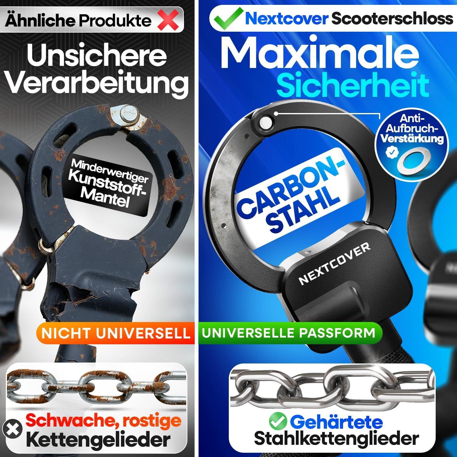 Nextcover Kettenschloss NEXTCOVER® E-Scooter Schloss [Steel-Secure-Technologie]