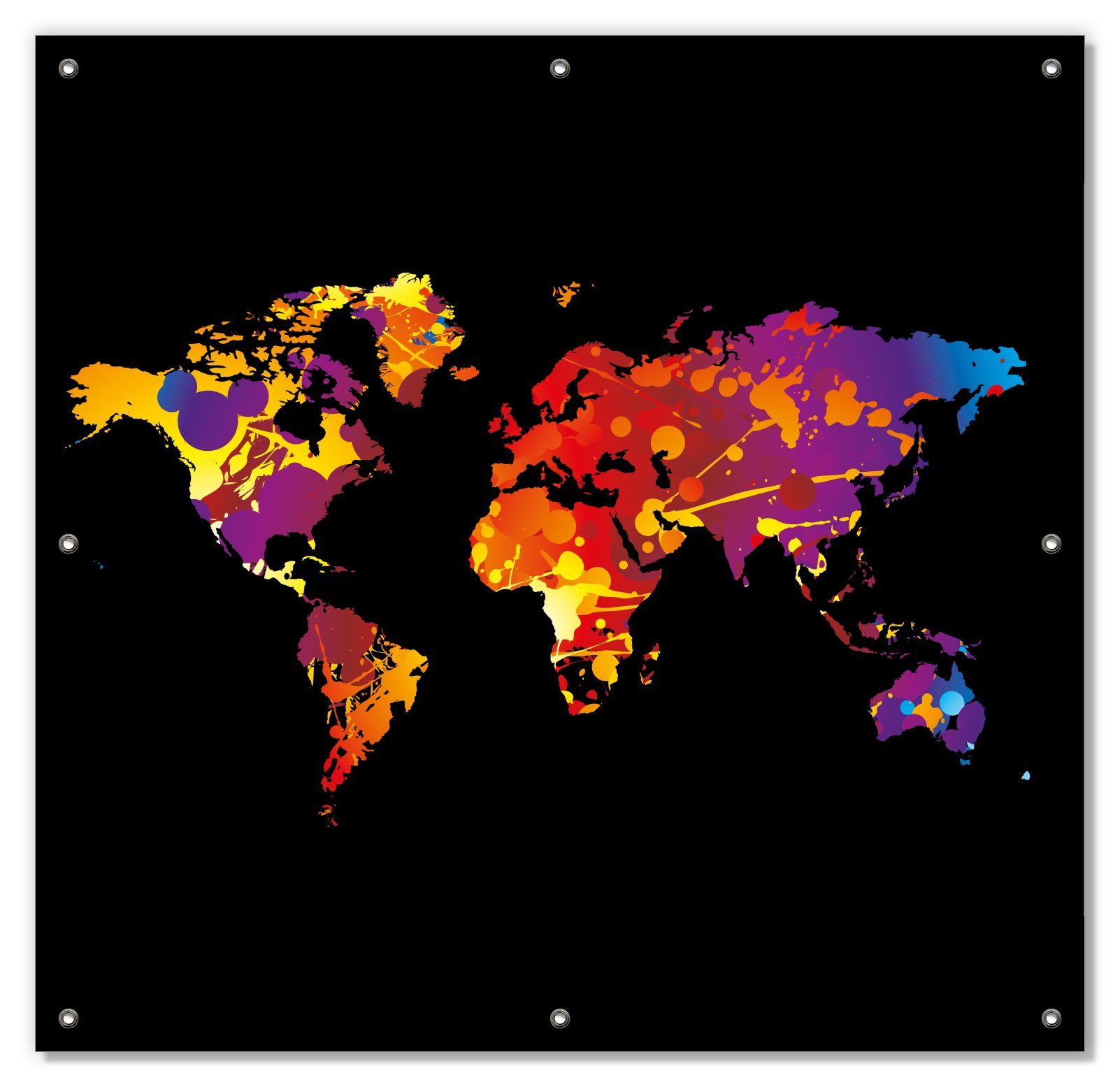 Sonnenschutz Weltkarte aus bunten Farbspritzern, Wallario, blickdicht, mit Saugnäpfen, wiederablösbar und wiederverwendbar
