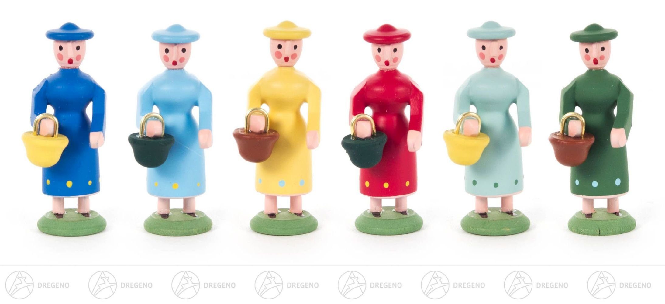Dregeno Erzgebirge Weihnachtsfigur Figuren Miniatur-Frauengruppe (6) Höhe = 40mm NEU, mit Korb