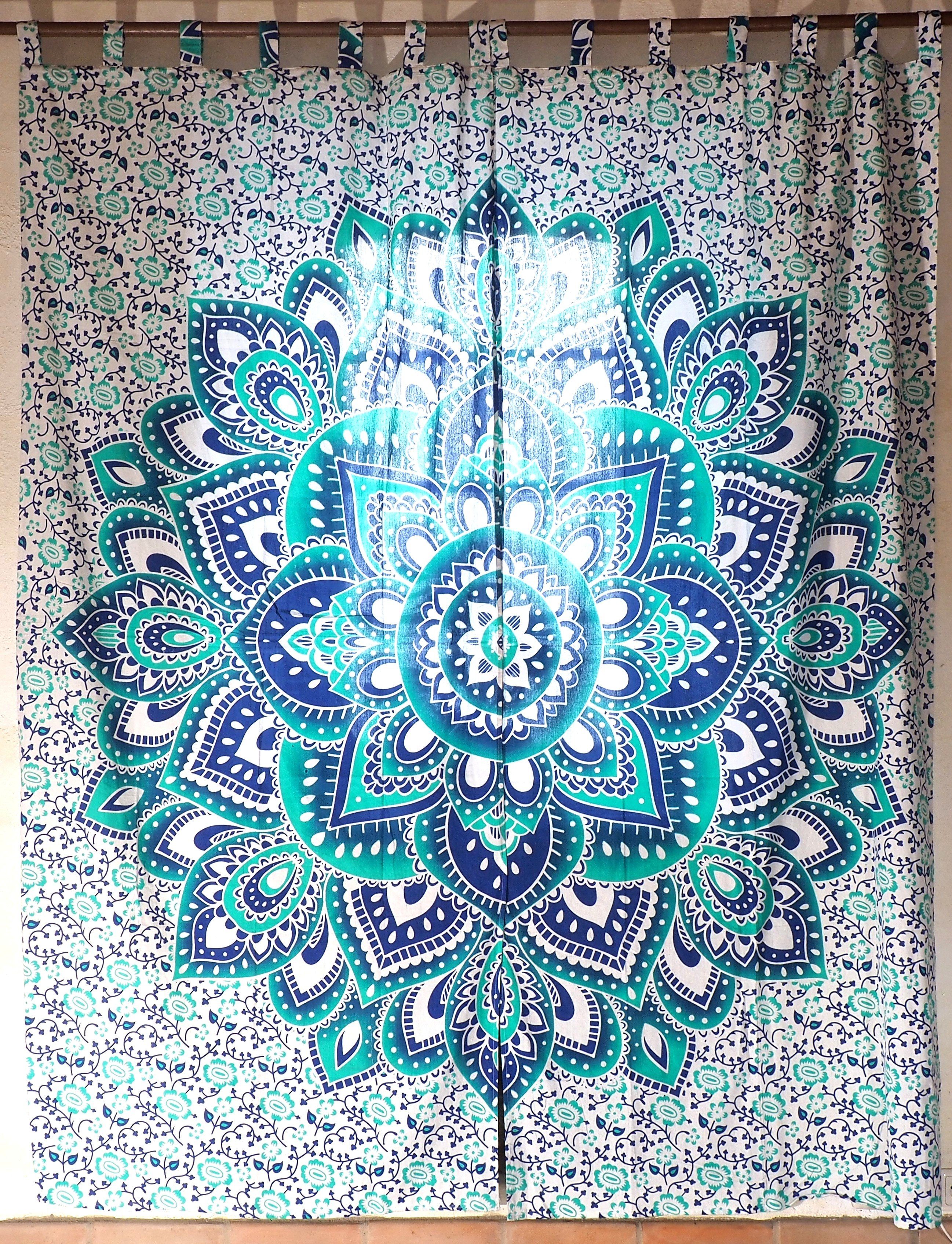 Vorhang Boho Vorhänge, Gardine Guru-Shop Paar) mit weiß/türkis/blau (1 Schlaufen