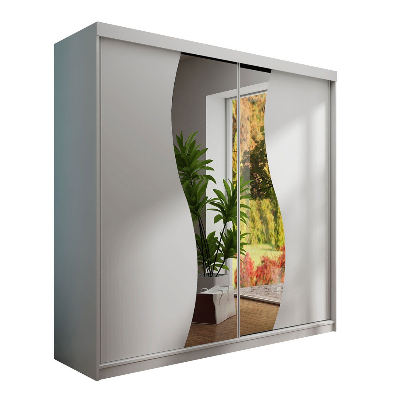 MIRJAN24 Kleiderschrank Top 8/200 (mit 2 Schiebetüren) mit Kleiderstange, Einlegeplatten und Frontspiegel