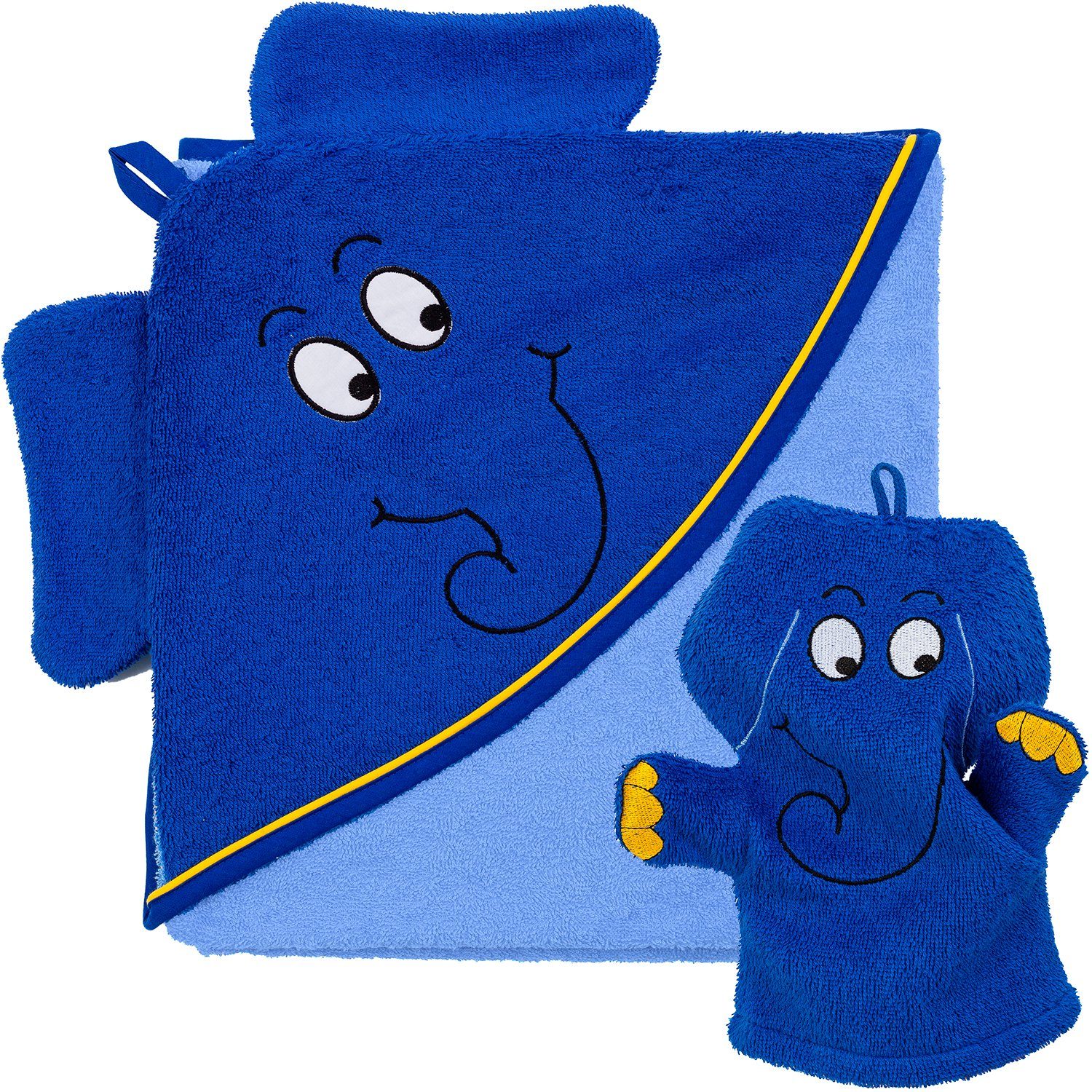 Smithy Handtuch Set Set 2-tlg. Kapuzenhandtuch Frottee, dem mit Kapuzenhandtuch Waschhandschuh (Spar-Set, und blauen Set und aus Waschhandschuh Elefanten, 2-tlg)