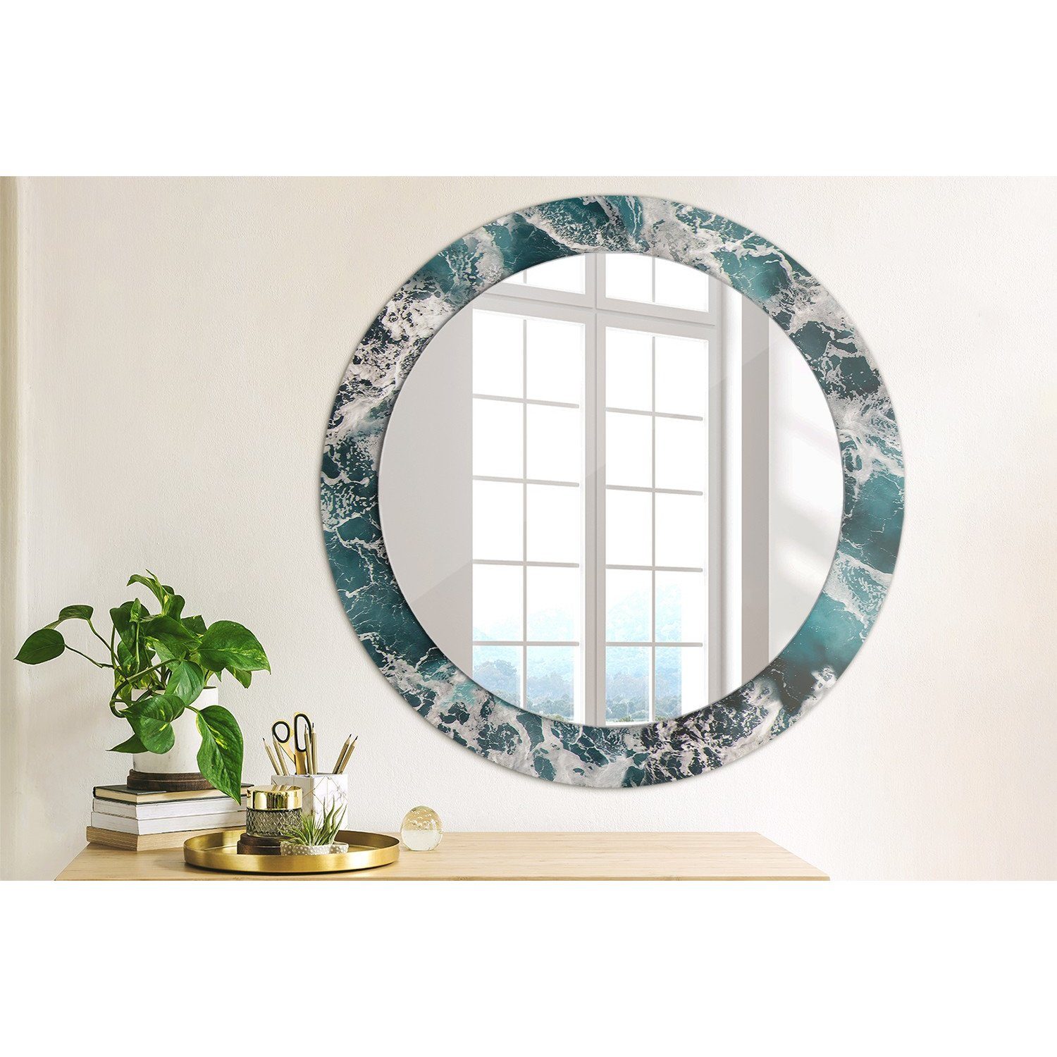 Tulup Dekospiegel mit Aufdruck Badezimmerspiegel Ø70 cm, Rundspiegel Rund: Wohnzimmer Meer Stürmisch Wandspiegel Spiegel