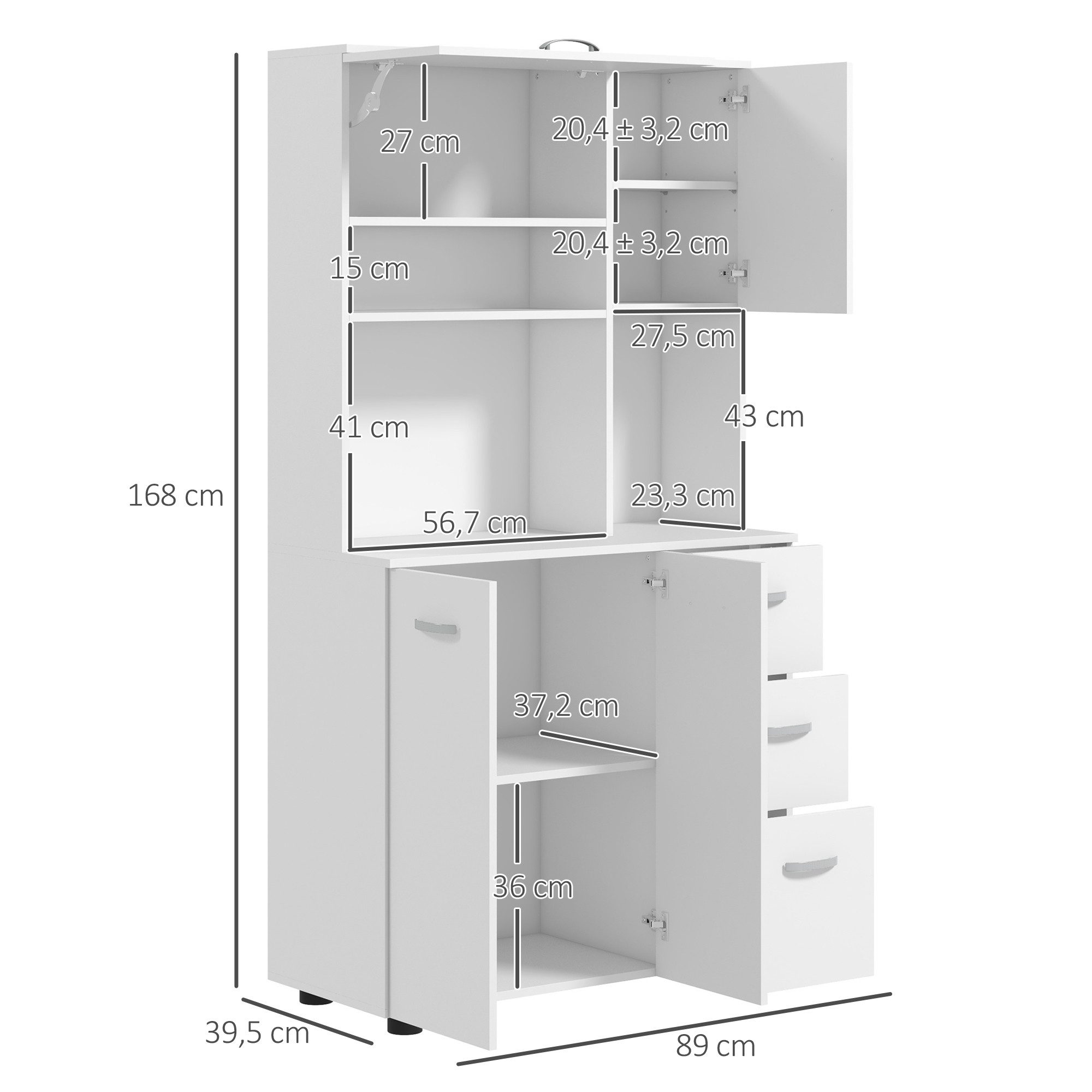 HOMCOM Küchenbuffet Küchenschrank Buffetschrank mit 3 offenen Fächern, 4 Türen (Esszimmerschrank, 1-St., Hochschrank) für Wohnzimmer, Esszimmer, 89 x 39,5 x 168 cm, Weiß