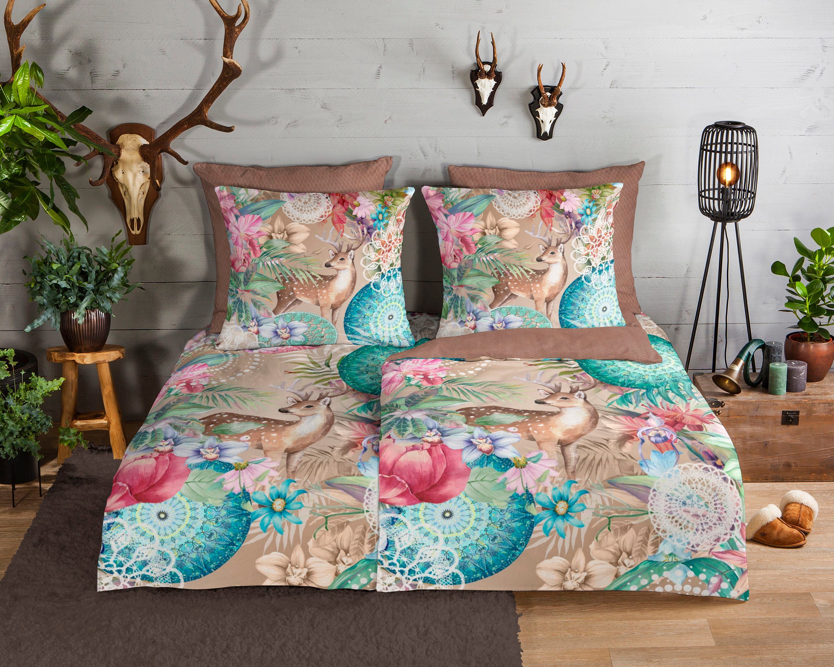 hip Wendebettwäsche Hebe, Biber, Flanell, 2 teilig, Biber, 135x200, Warm, Weich, Wendeoptik, Reißverschluss, Reh, Sand