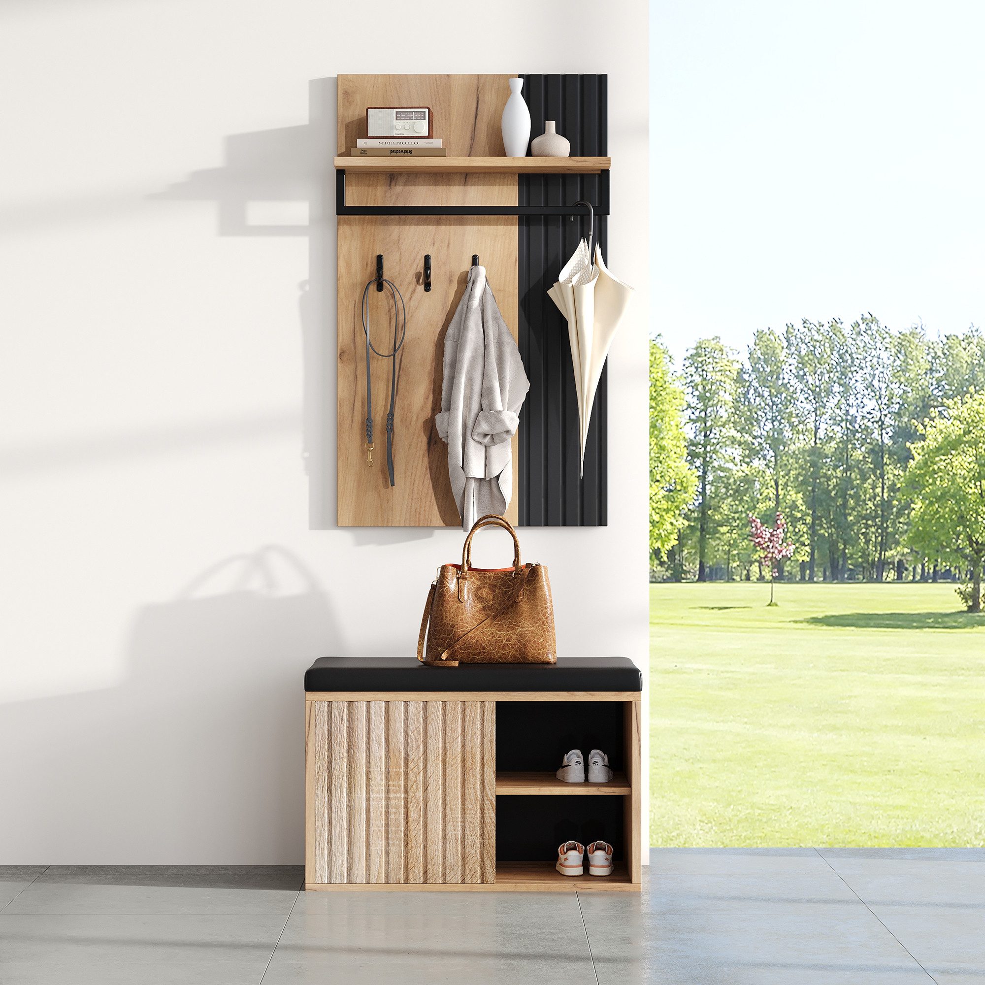 Refined Living Garderoben-Set Schuhbank mit Kleiderstange, 2 Türen, 3 Haken & Sitzbank Schwarz/Natur, (B70×T36×H146 cm, Flurmöbel, Schuhschrank mit Sitzbank, Kleiderstange, 2 Türen, 3 Haken, 1-St., platzsparend, multifunktional, modern, Schwarz + Naturholzoptik), Stauraum, Garderobe, für Flur, Diele, kleine Wohnungen