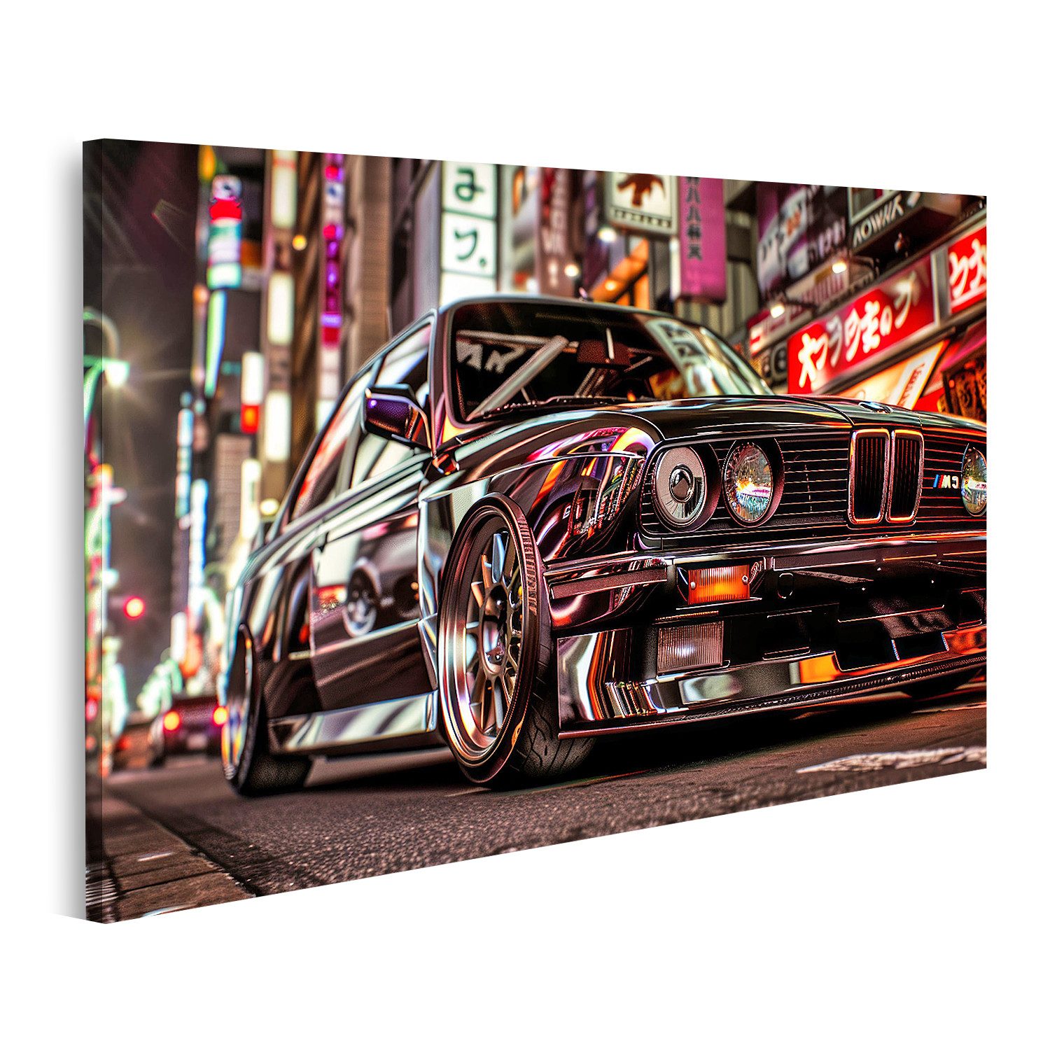 islandburner Leinwandbild, Klassischer BMW in nächtlicher Stadt Japan