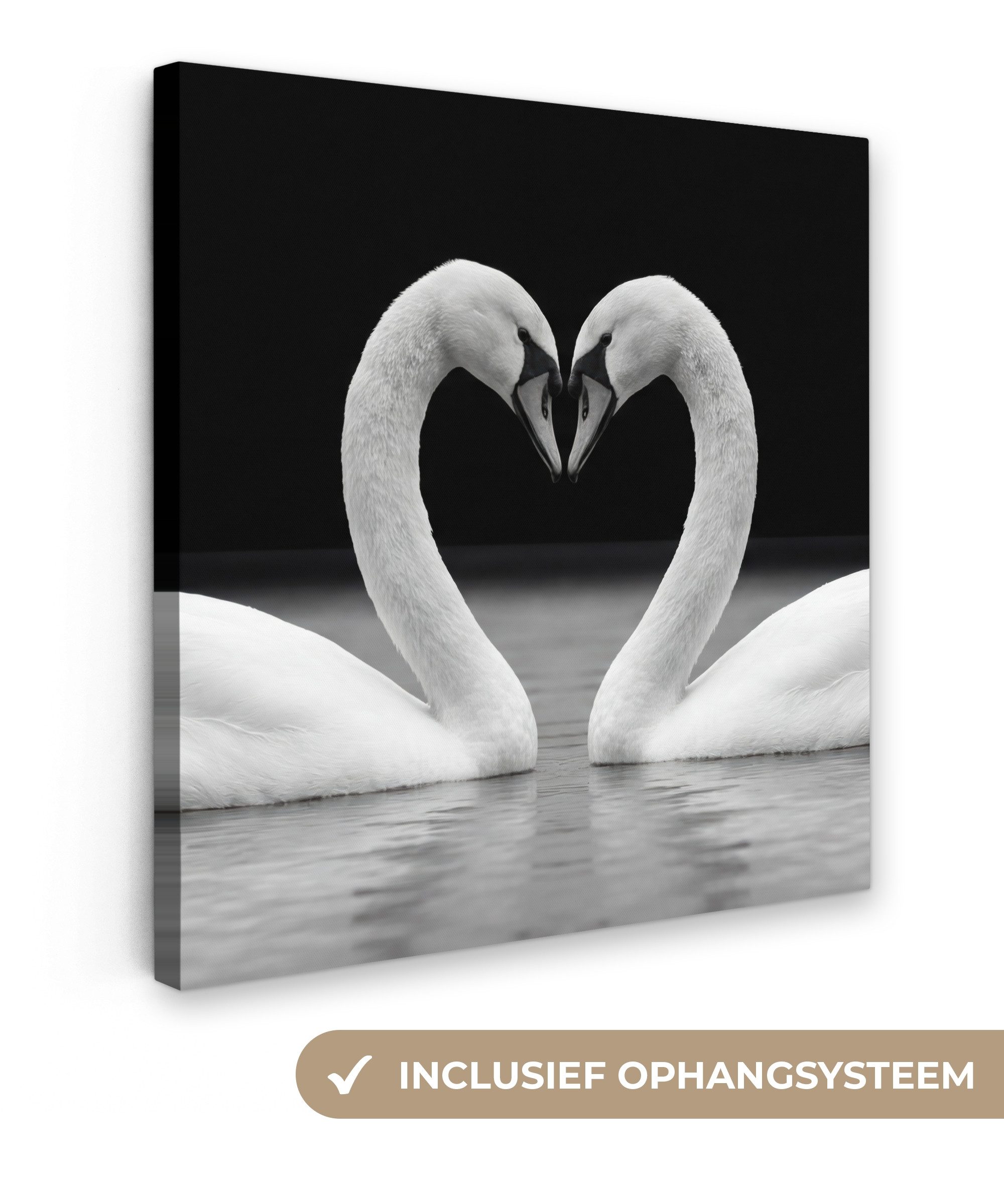 OneMillionCanvasses® Leinwandbild Schwäne - Herz - Schwarz - Weiß, Fotodruck (1 St), Wandbild, Deko Schlafzimmer Wohnzimmer Flur 20x20 cm
