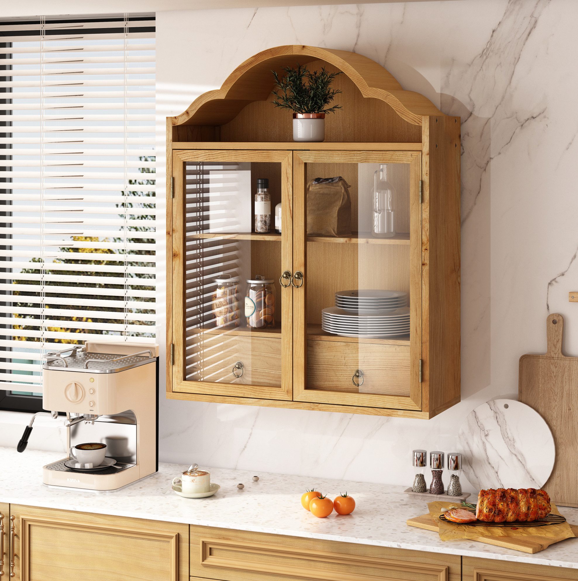REDOM Hängeschrank Wandschrank im Vintage-Stil mit gewellter Dachoptik, Stauraumschrank (praktischen Schubladen und Aufbewahrungsfläche, dekorativer Hängevitrine für verschiedene Wohnbereiche, 60x22x76.5 cm)