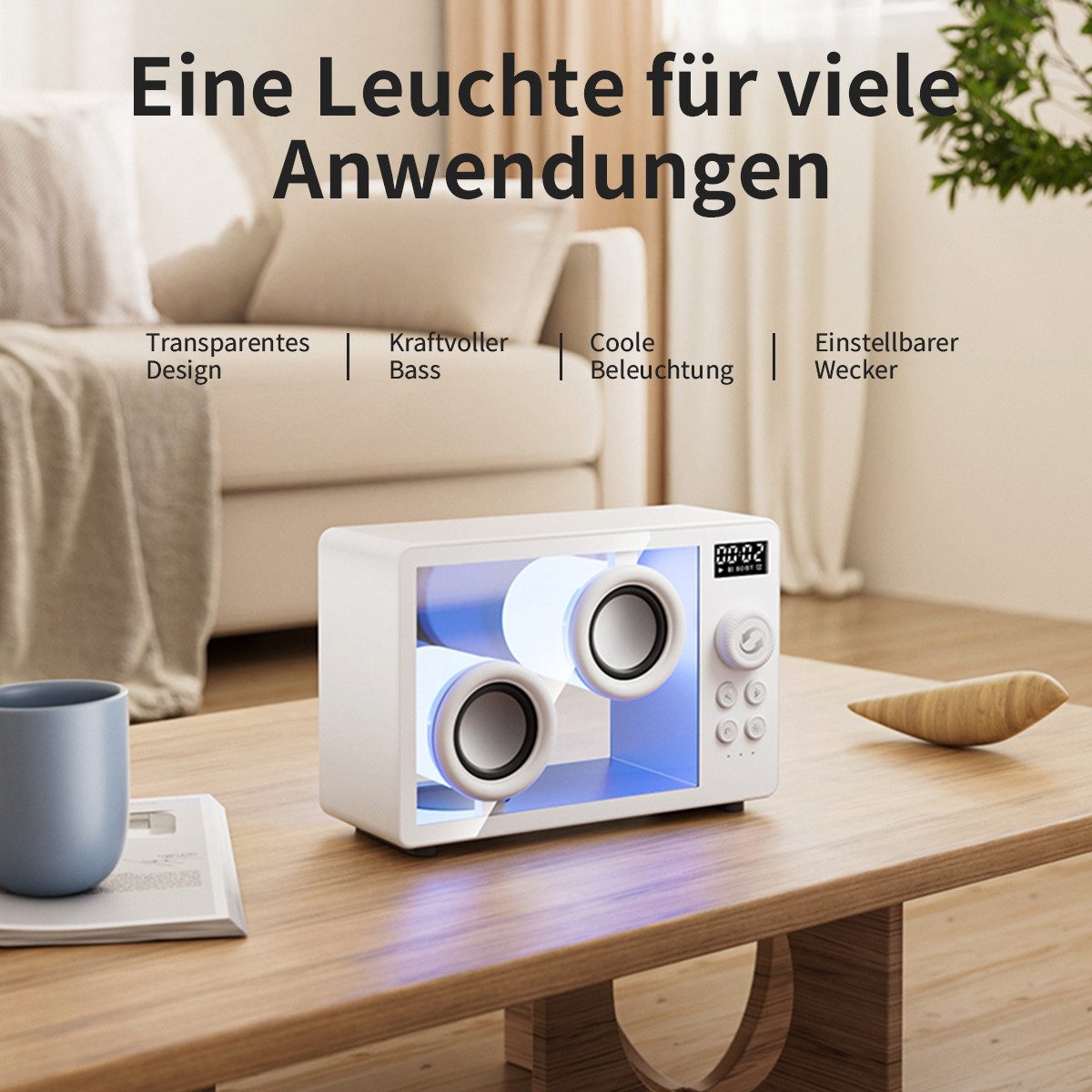 Luckice Tragbare Lautsprecher Bluetooth-Desktop-Lautsprecher Bluetooth-Lautsprecher (Unterstützt Bluetooth/TF-Karteneingang, Wecker, Atmosphärenlicht)