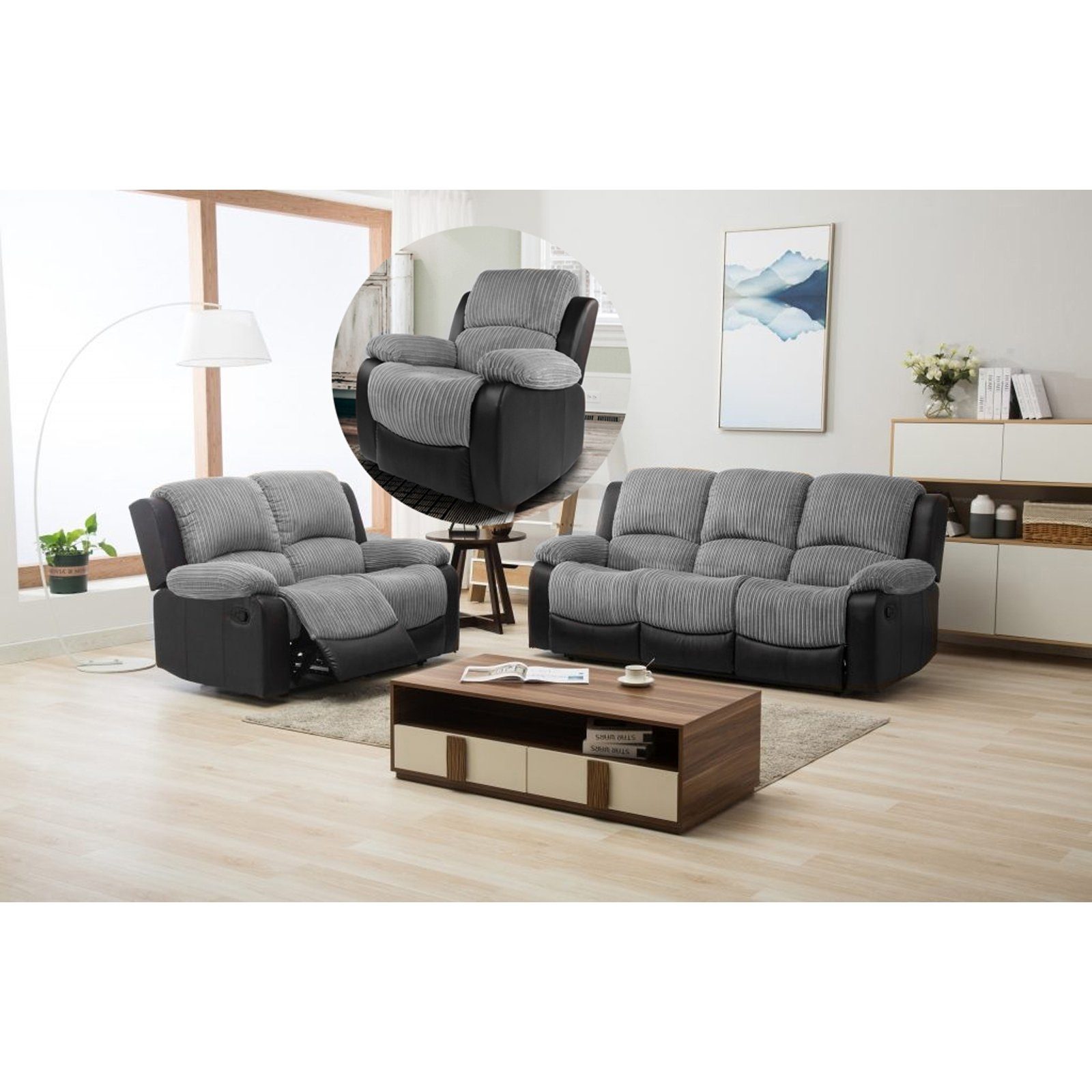 Zweisitzer (Set, Fußstütze Polstergarnitur 3-tlg), HTI-Living Schwarz-Grau, Sofagarnitur Couch mit 3-teilig Sessel Karola