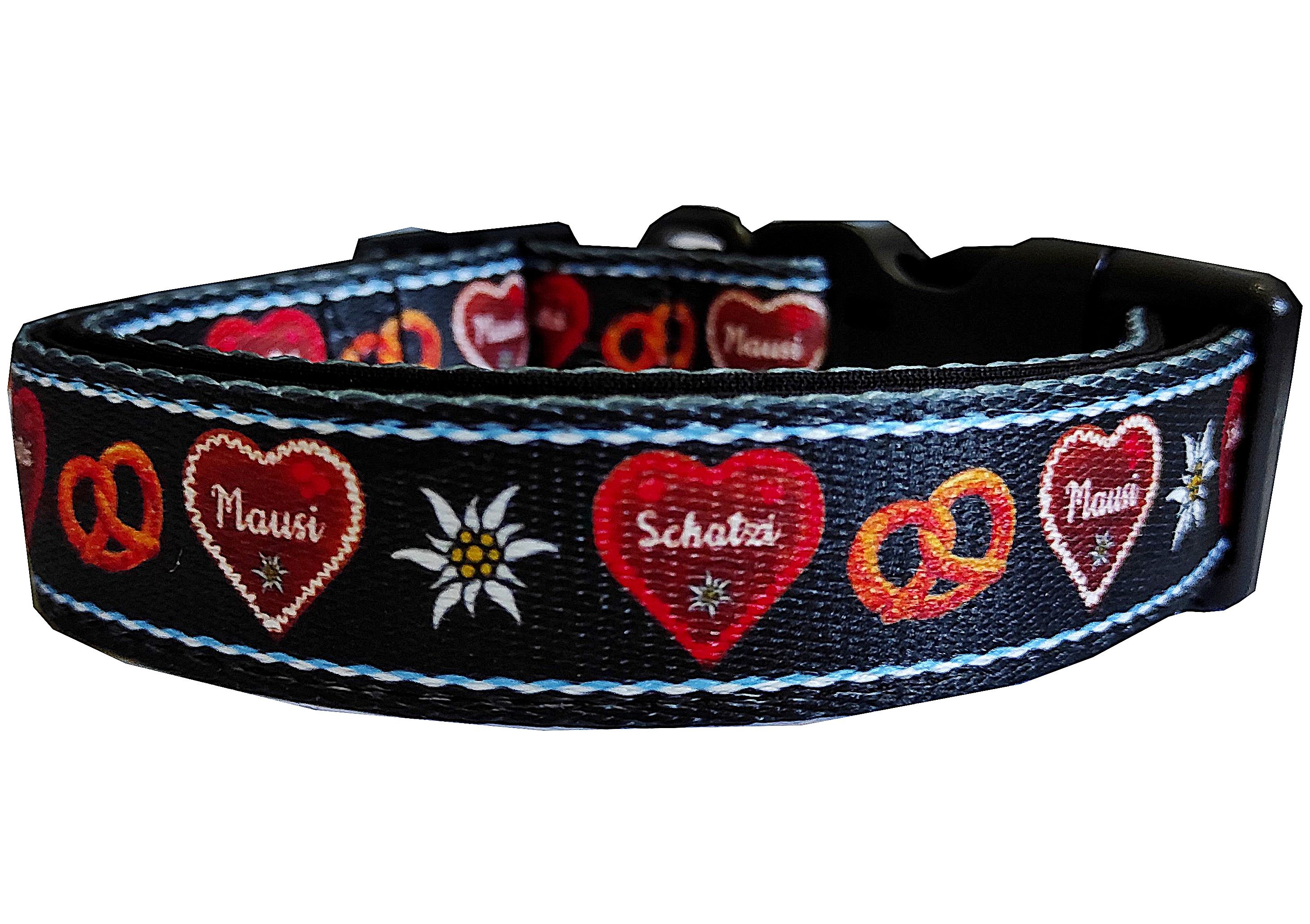 Beroni Hunde-Halsband Trachtenlook bayrisch Herzen gepolstert schwarz Halsband Oktoberfest, verstellbar, Alpen, Neopren, exklusiv, ausgefallen, Geschenk