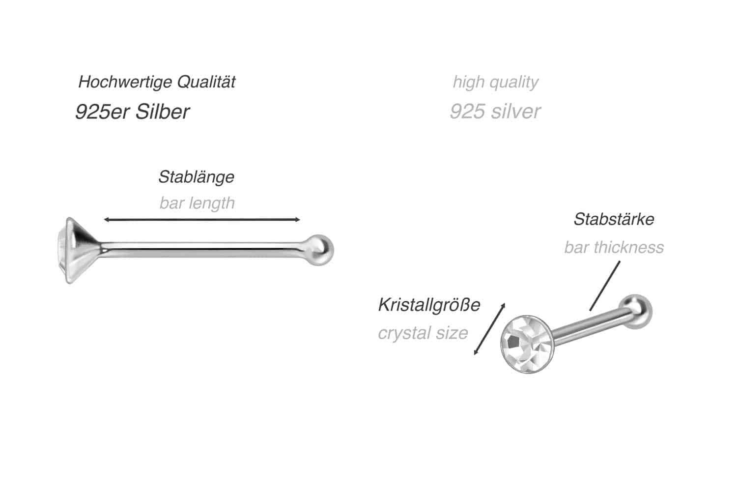 PIERCINGLINE Nasenpiercing 925er Silber Nasenstecker Pin RUNDER KRISTALL (Nasenstecker, 1-tlg)