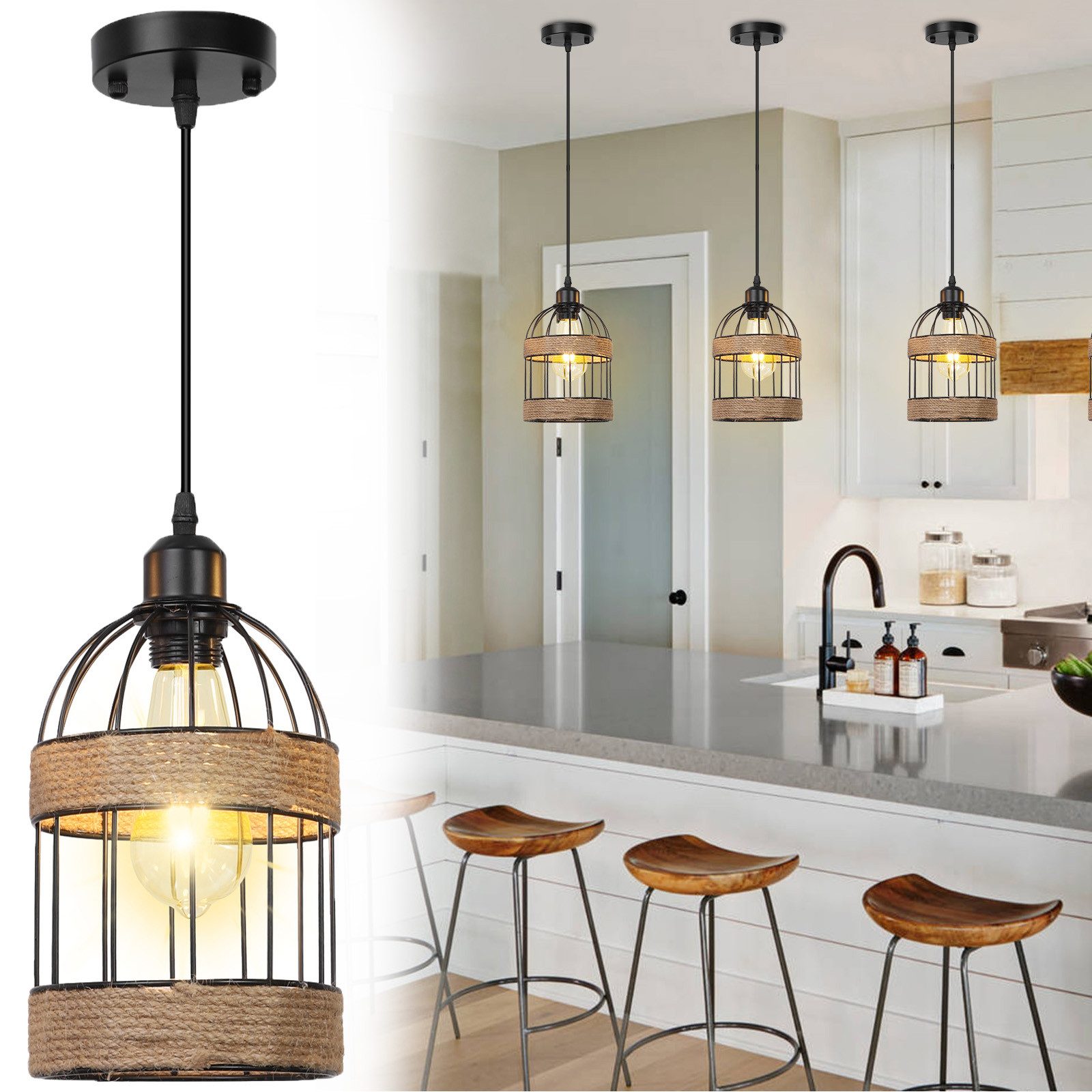 MUPOO Pendelleuchte Rattan-Pendelleuchte Boho, Mini-Kronleuchter Leuchtmittel E27, Warmweiß, Glühbirne, Höhenverstellbar