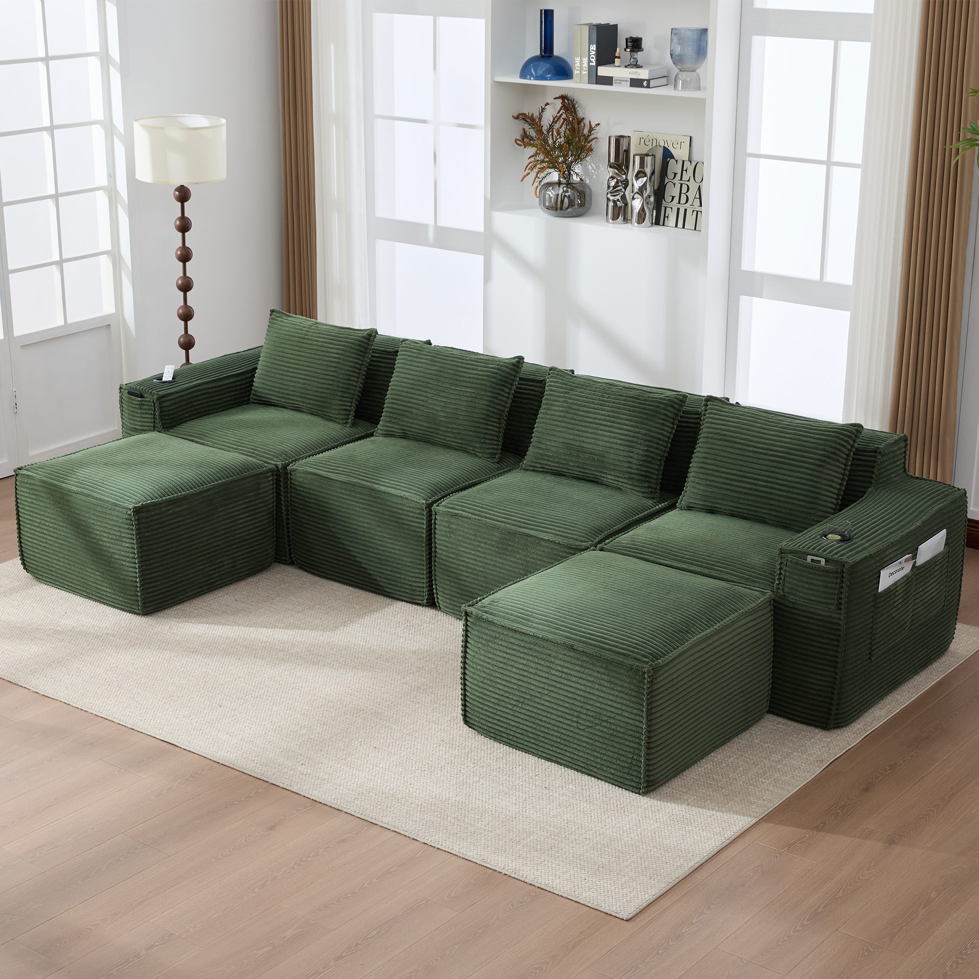 Odikalo Sofa Modulares Sofa mit Getränkehaltern, Seitentaschen, Cord, mit 2 Hockern : Federkern und hochdichter Schaumstoff – formstabil, komprimiert verpackt, montagefrei. Ideal für Wohnzimmer und Apartments