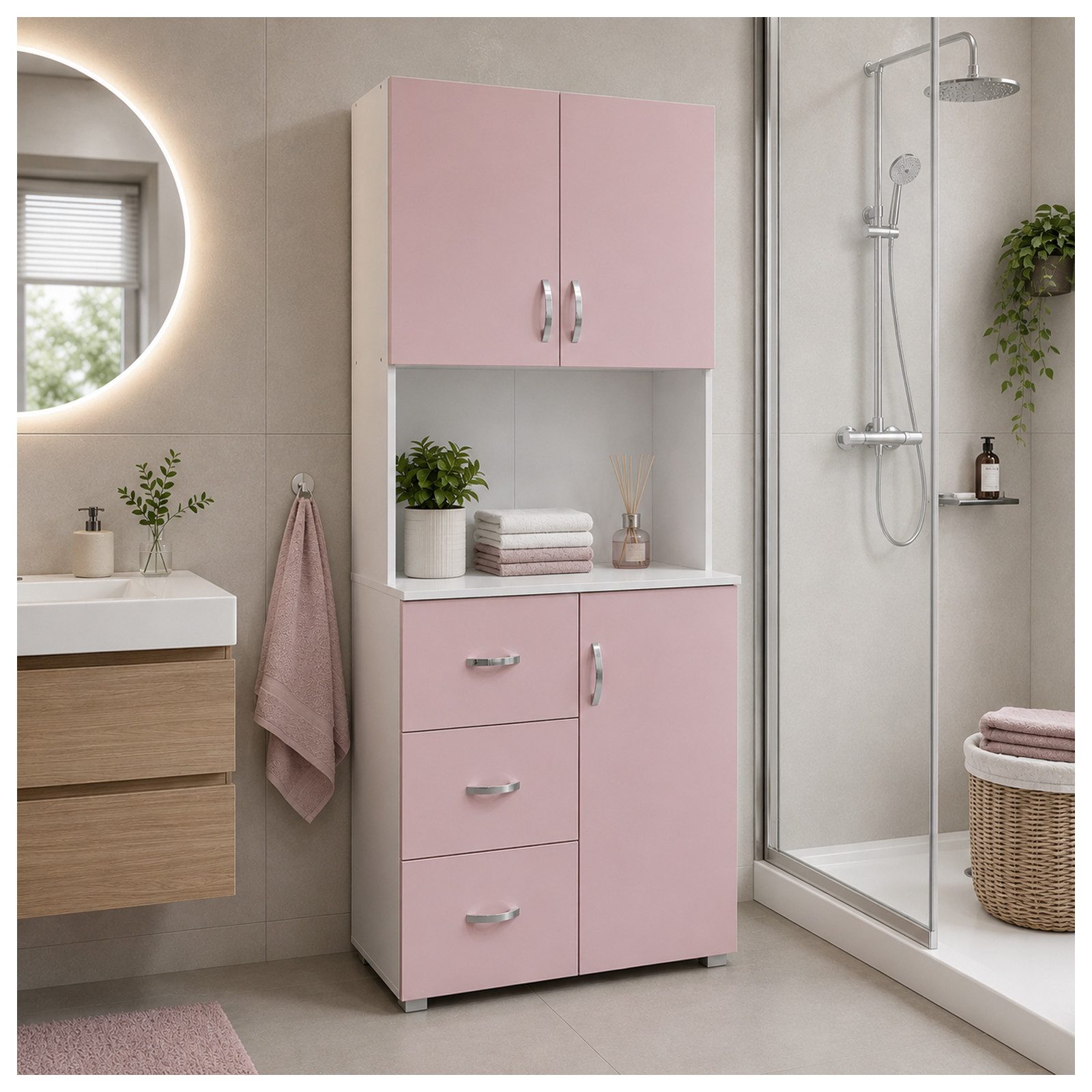 HTI-Living Hochschrank Badschrank Rosa Weiß (1 Stück, 1-St., 1 Schrank) Hochschrank 6 Regalfächer 3 Schubladen