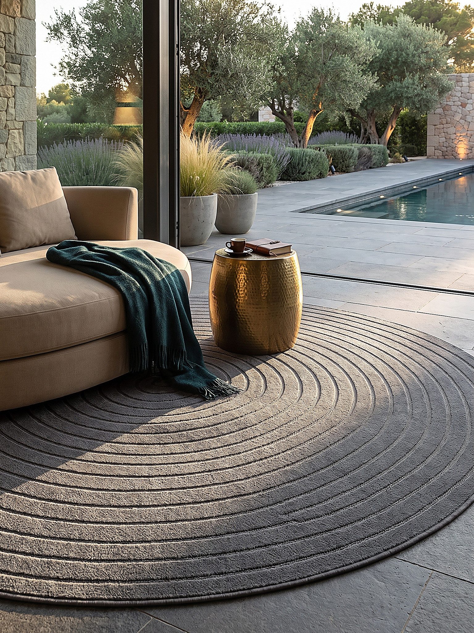 KADIMA DESIGN Teppich MEZEN Teppich Outdoor Anthrazit 120x120 Abstrakt Polypropylen Outdoor, Rund, Höhe: 6 mm, Saugroboter-geeignet, Strapazierfähig, Farbecht, Pflegeleicht