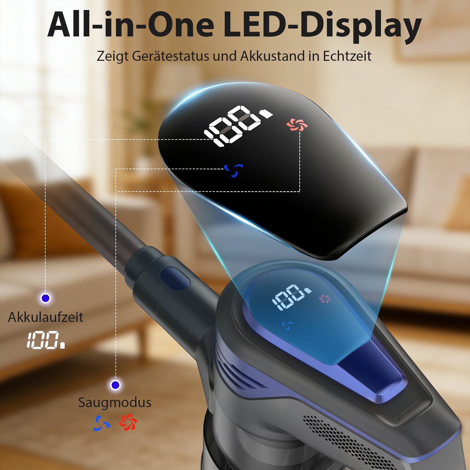 Grenintol Akku-Hand-und Stielstaubsauger 48000Pa Akku Staubsauger,Akku Handstaubsauger,Akkusauger Kabelloser, 300 W, beutellos, 6×2600mAh Hochleistungsakku • Leiser Betrieb