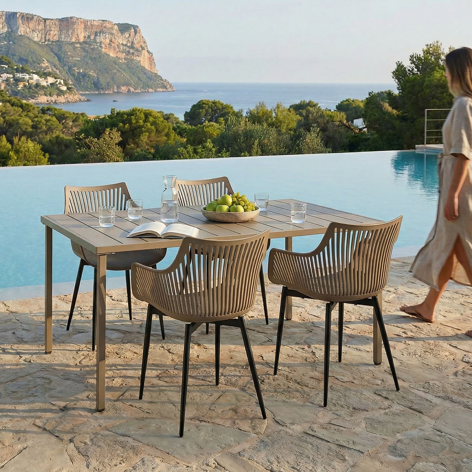 IDIMEX Garten-Essgruppe VIOLETTA, Wetterfeste Garten-Sitzgruppe mit Tisch & 4 Stühlen champagner